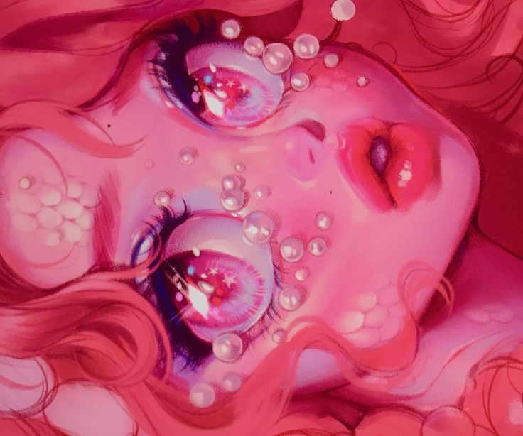 a digital painting of a pinkhaired anime girl with big, sparkling eyes and bright pink lips. she is surrounded by bubbles and appears to be underwater. the painting is full of fantasy and magic.