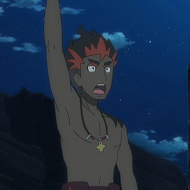 a male character from the pokemon anime with red hair and no shirt on, looks up and surprised with his mouth open,  against a background of night sky with stars and dark mountains.