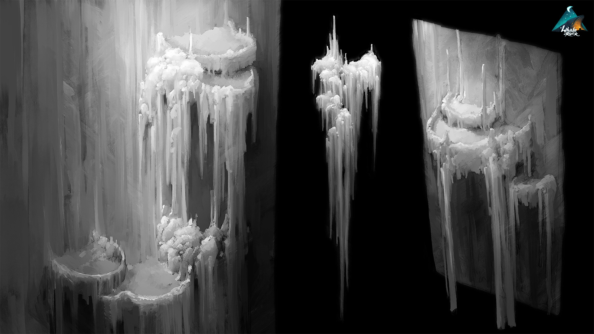 the image presents concept art for an icy cave environment. it showcases multiple perspectives of layered platforms formed by ice, stalactites, and stalagmites. the lighting is dramatic, casting deep shadows and highlighting the textures of the ice. the overall atmosphere is cold, desolate, and perhaps slightly eerie.