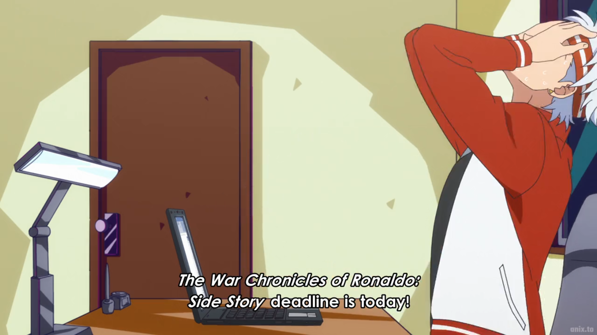 an anime boy with white hair wearing a red and white jacket is sitting at a desk, stressed about a deadline for a story titled "the war chronicles of ronaldo: side story." the deadline for the story is today, and the boy appears to be struggling with the pressure. he's holding his head in his hands, and sweat is dripping down his face. the room is simple, with a desk, a laptop, a lamp, and a door. the walls are a light yellow, and the overall atmosphere is one of anxiety and frustration.