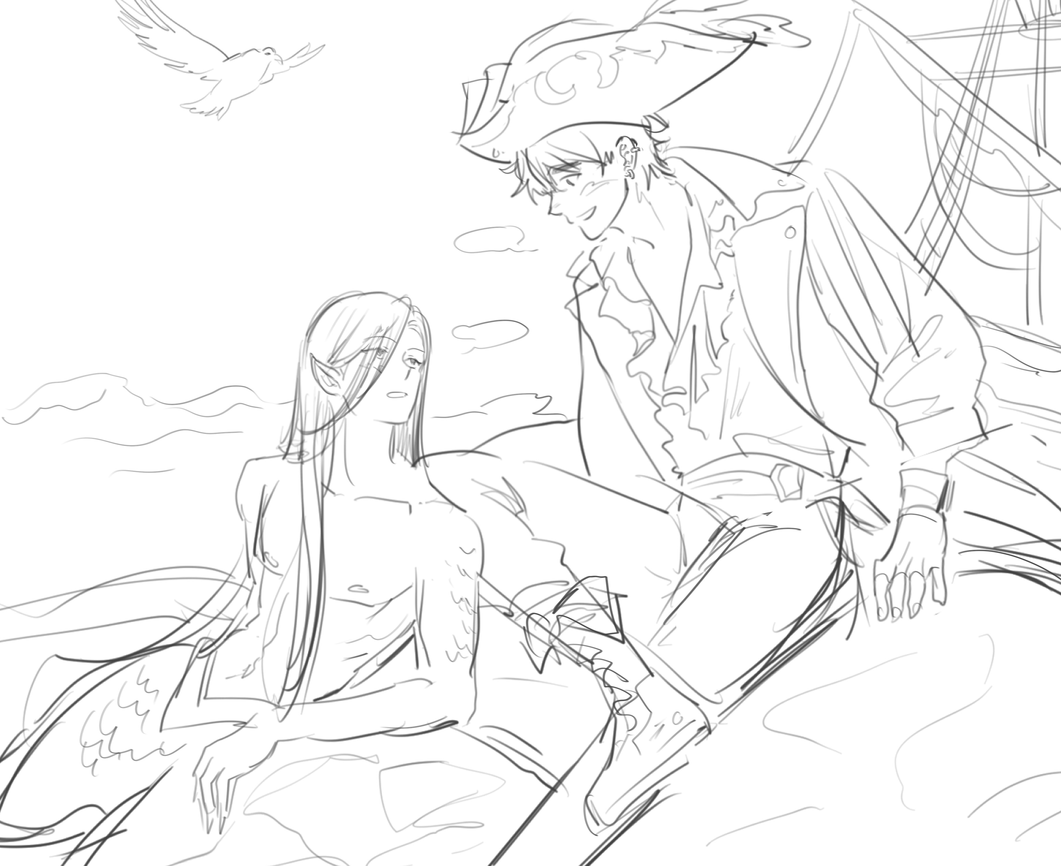 a black and white sketch depicting a scene of a pirate (man wearing a pirate hat and coat) and a merman (man with a fishtail) sitting together on what seems to be a ship deck.  the merman appears relaxed, and the pirate has a friendly expression. a seagull is flying in the background.  the style is reminiscent of anime or manga, with loose, expressive lines and shading. the overall tone is romantic and fantastical.