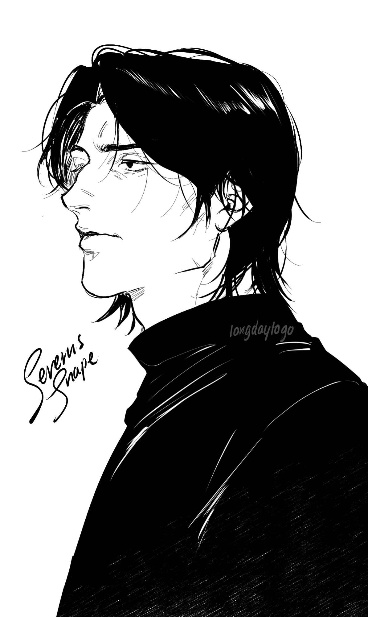 the image is a black and white line art illustration of a man's profile.  he has long, dark hair that partially obscures one side of his face. his expression is serious and somewhat brooding. he's wearing a highnecked, darkcolored garment that resembles a turtleneck sweater. the style is artistic and dramatic, with strong contrasts between light and shadow.  the artist's signature "longdaylogo" and a handwritten "severus snape" are visible in the image, suggesting the drawing is fan art depicting the character severus snape from the harry potter series. the overall feel is moody and intense.