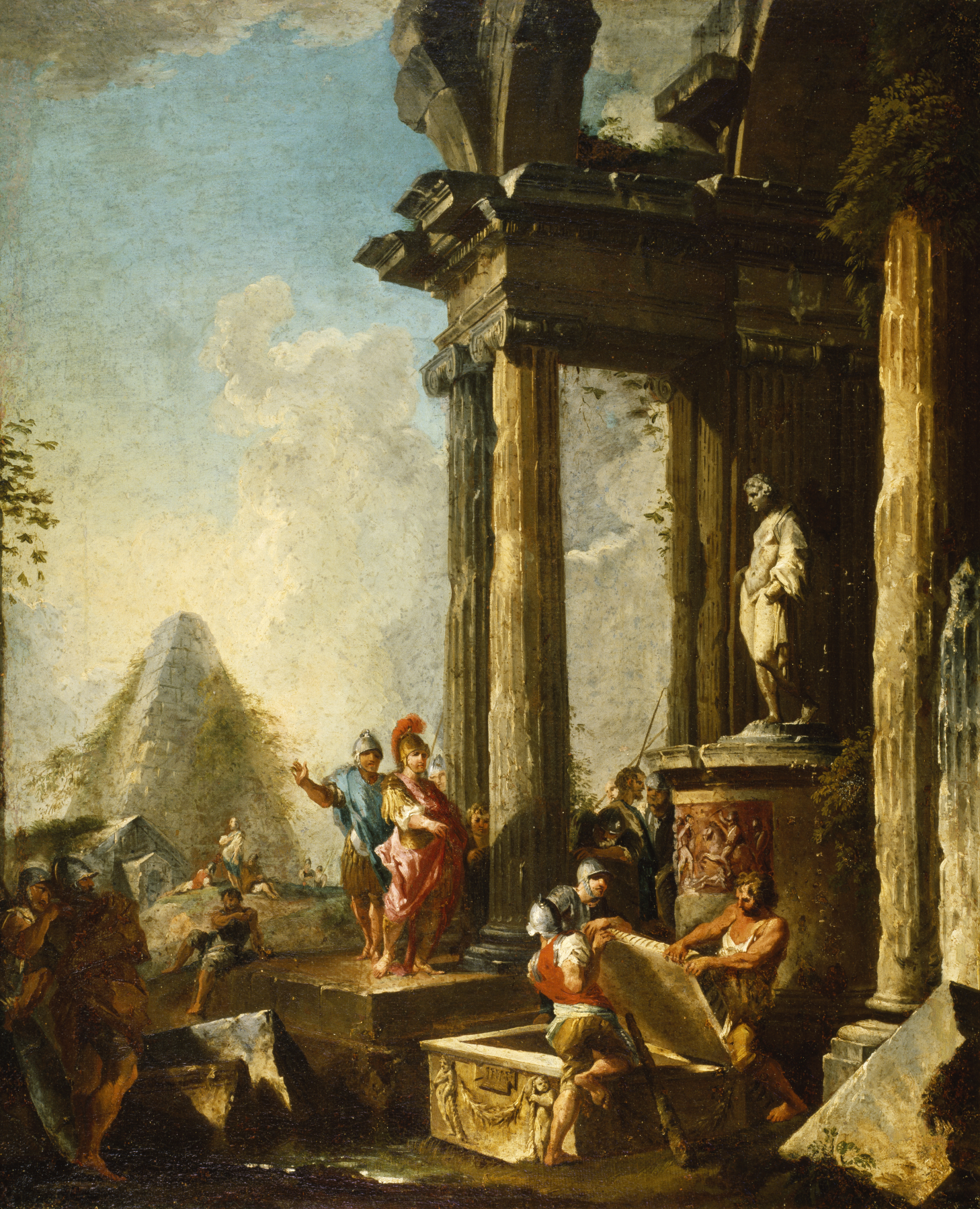 this is an old master style painting depicting a scene of architectural ruins, specifically a temple complex with classical columns. roman soldiers are present, some opening a chest, suggesting looting or treasure discovery. a statue stands within the ruins, and a pyramid can be seen in the background landscape. the overall scene depicts an ancient, possibly historical, moment.