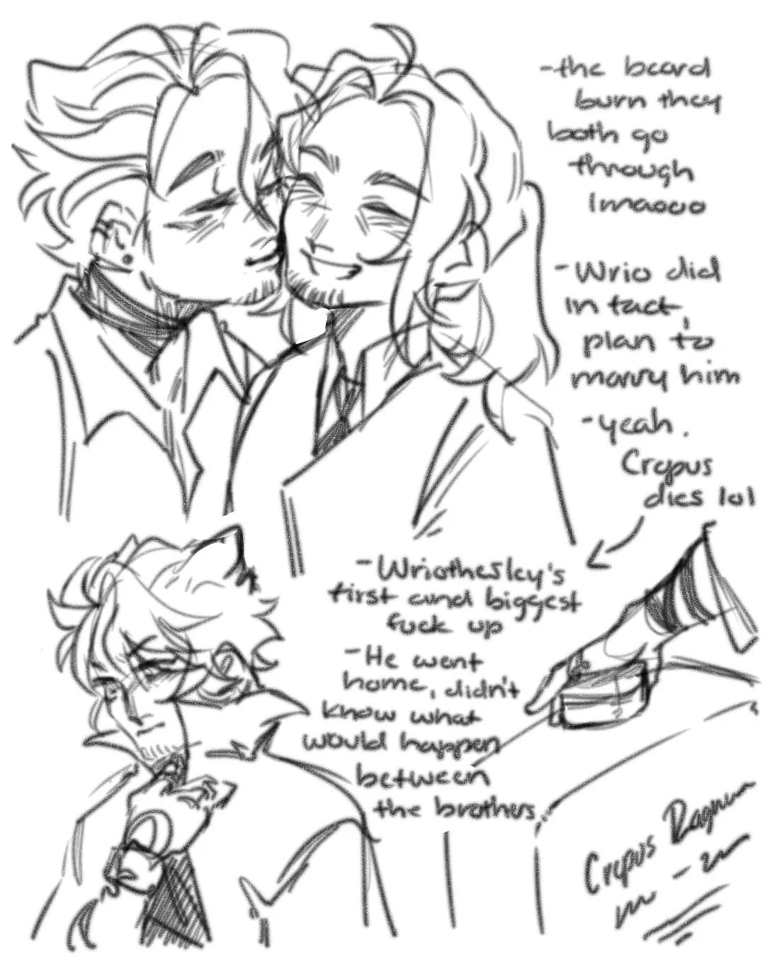 he image contains a series of sketches and doodles, seemingly fanart, depicting characters that strongly resemble wriothesky and crepus from the game genshin impact.  the drawings show the characters in various emotional states. one sketch depicts a tender kiss between the two, while another shows a more somber scene with one of them appearing distressed.  there's also text integrated into the image that seems to narrate a storyline or provide commentary on their relationship, mentioning a plan to marry and a tragic death. the overall style is loose and expressive, characteristic of quick sketches or concept art.