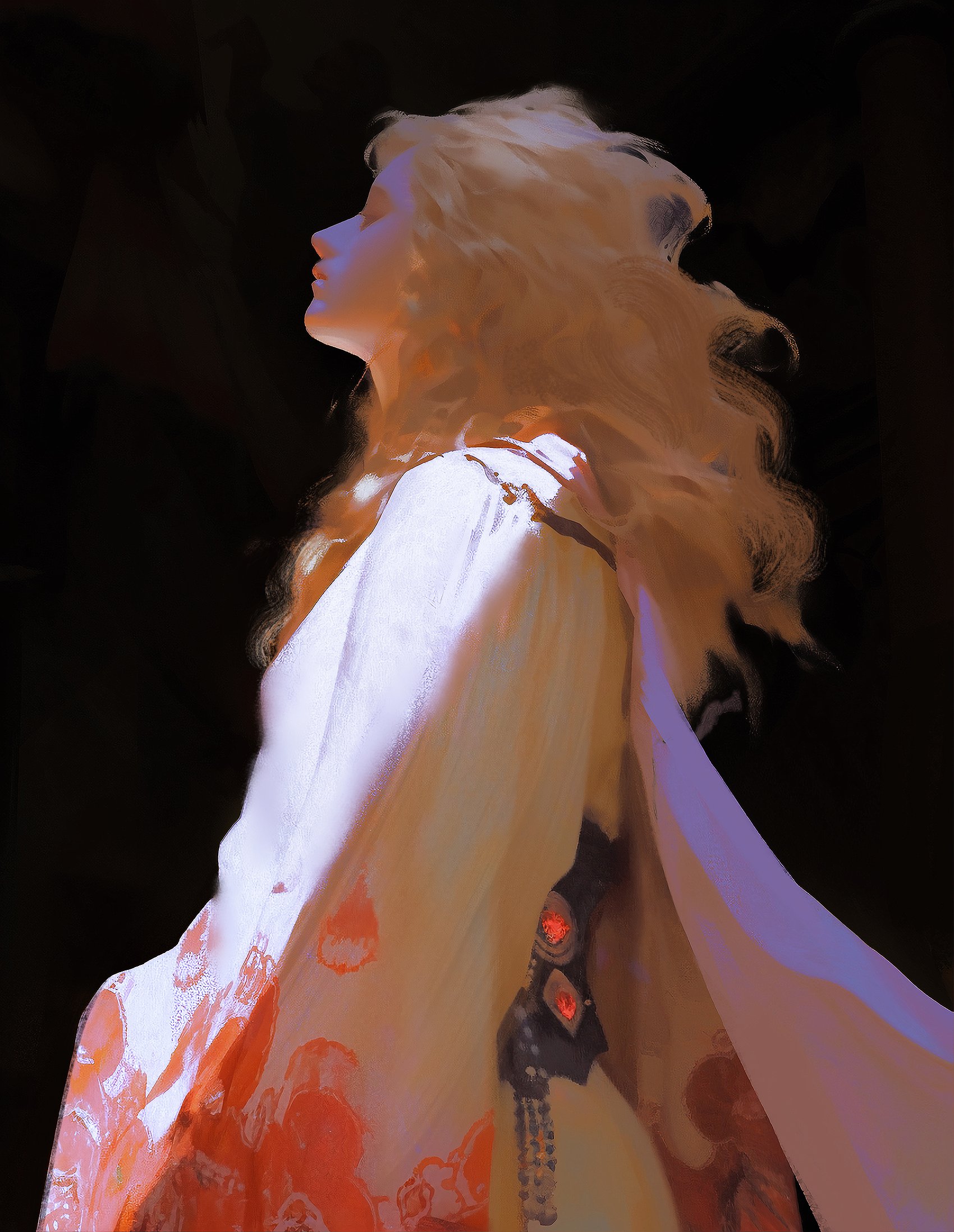 a digital art illustration of a woman with long blonde hair, dressed in a white kimono with a pink flower pattern. she is looking to the side, with a dreamy expression. the image is painted in a soft and elegant style.