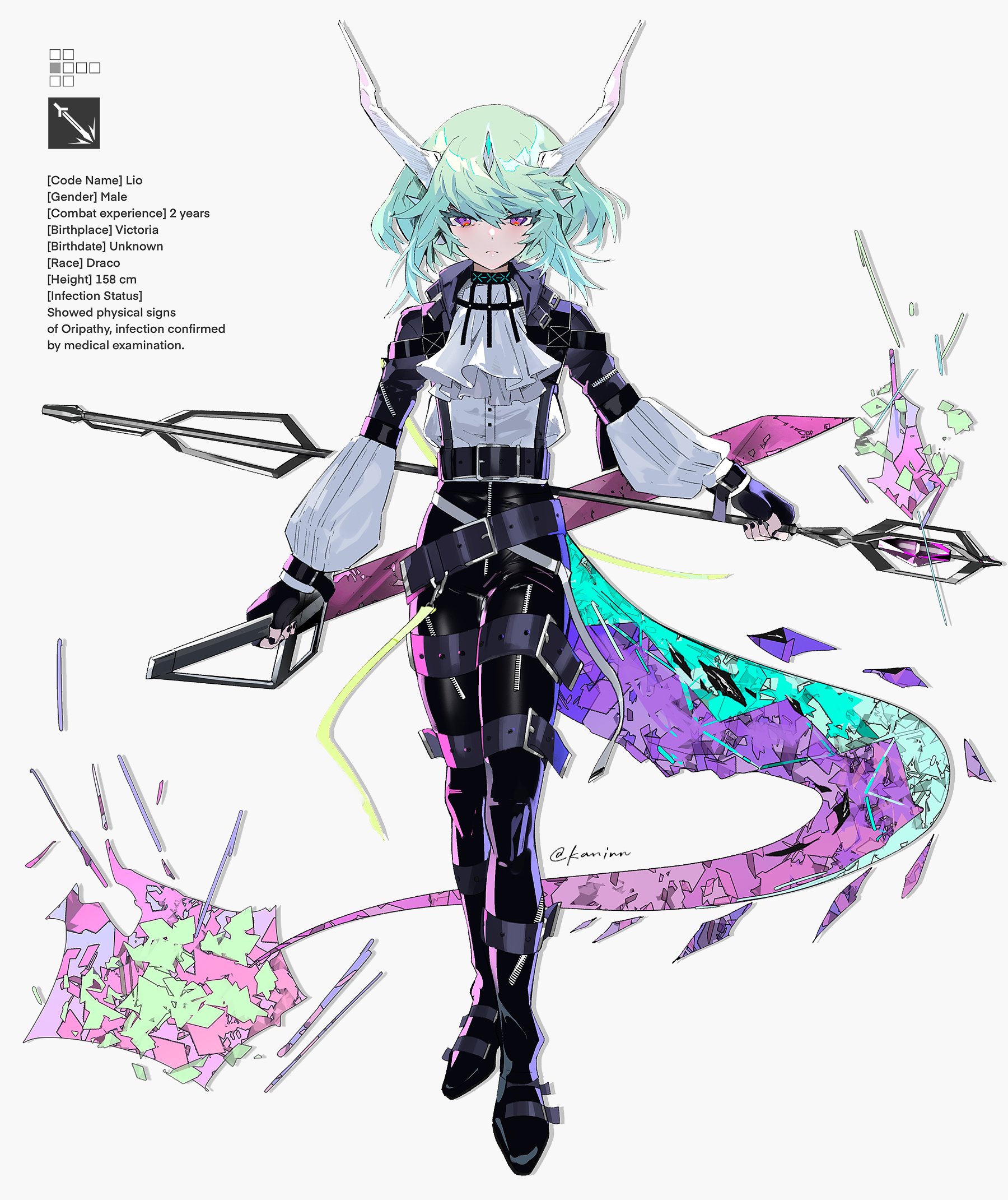 the image depicts a male anime character with green hair and horns, dressed in a black and white outfit, wielding a sword and surrounded by broken shards of glass. the character's name and other details are listed on the left side of the image, indicating a character from a fantasy setting.