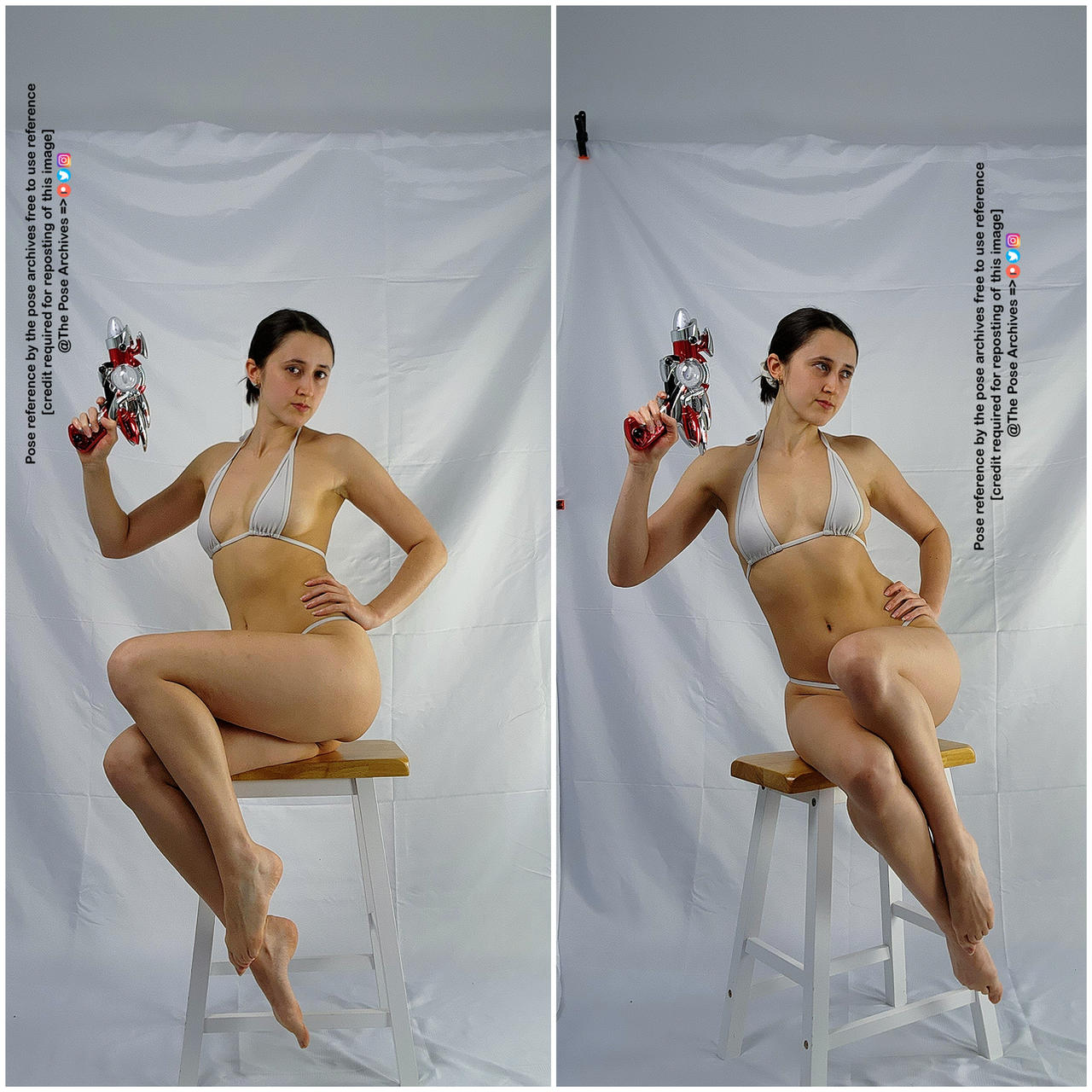 two photos of the same woman in a bikini holding a toy ray gun while sitting on a stool in front of a white background. the only difference between the photos is the position of her legs. the photo on the left has her left leg crossed over her right leg, while the photo on the right has her right leg crossed over her left leg. there is text on each side of the image encouraging credit for use and tagging on social media.
