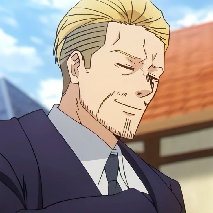 the image shows a portrait of an animestyle man. he has blonde hair with shaved sides and a goatee. he is wearing a navy blue suit with a white shirt and a dark tie. he has a slight smile on his face, and his eyes are halfclosed. the background of the image is blurred, but it appears to be an outdoor setting. the lighting is natural and soft. the image is taken from an eyelevel perspective.