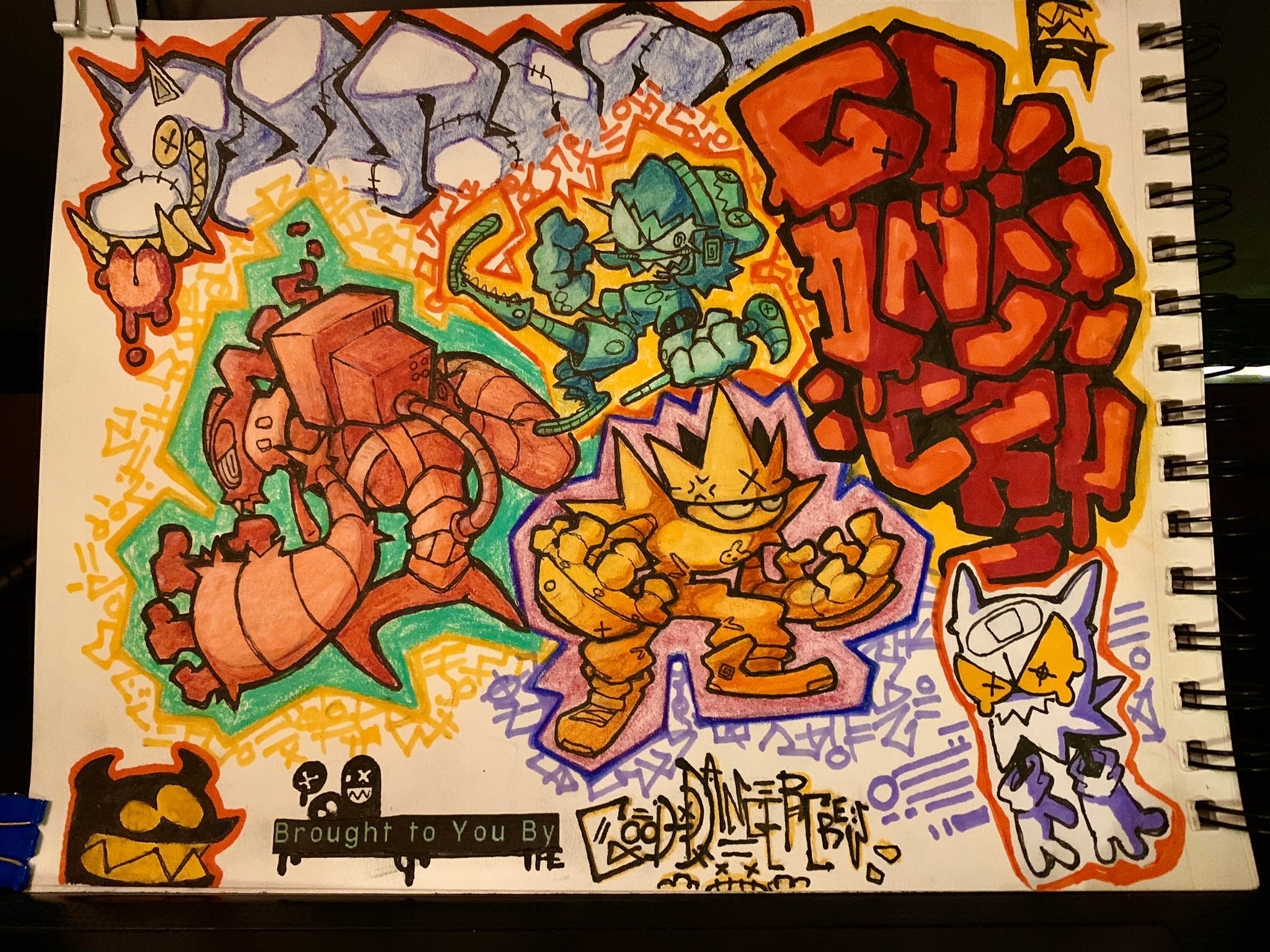 the image is a vibrant and dynamic doodle featuring a collection of robot and monsterlike characters drawn in a graffitiinspired style. the characters are depicted with exaggerated features, bold lines, and a playful energy. the color palette is bright and eyecatching, with shades of yellow, orange, blue, red, and white dominating the composition. the overall impression is one of creativity and fun, showcasing a lively and imaginative approach to character design.