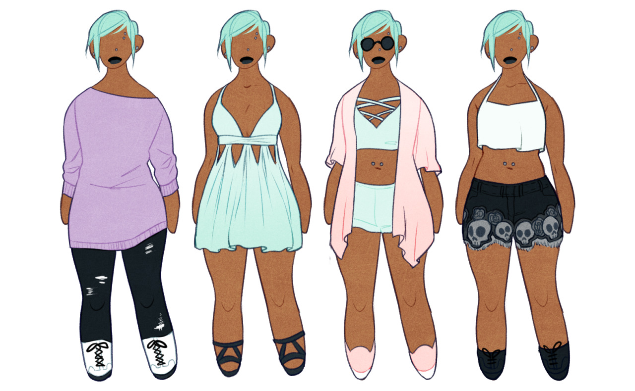 this image shows four outfits for the same woman. she has short blue hair, facial piercings, and appears to prefer darker colors. the first outfit is a large purple sweater with black jeans and sneakers. the second outfit is a light blue dress with strappy sandals. the third outfit has a pink overshirt, blue crop top and shorts, and pink sandals. the final outfit is a white crop top, black shorts with a skull pattern, and black boots.