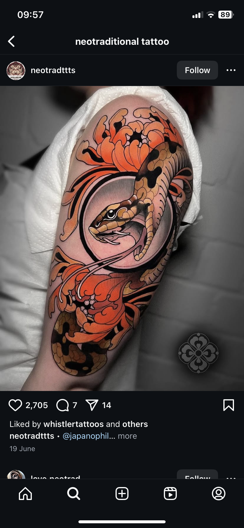 loseup view of a vibrant neotraditional tattoo on a person's arm. the tattoo features a snake intertwined with chrysanthemum flowers, showcasing intricate detailing and realistic shading. the style blends traditional japanese elements with a modern neotraditional approach, resulting in a visually striking piece of body art. the image is taken in a welllit setting, highlighting the tattoo's colors and details.  the instagram post shows the likes, comments, and other information related to the tattoo.