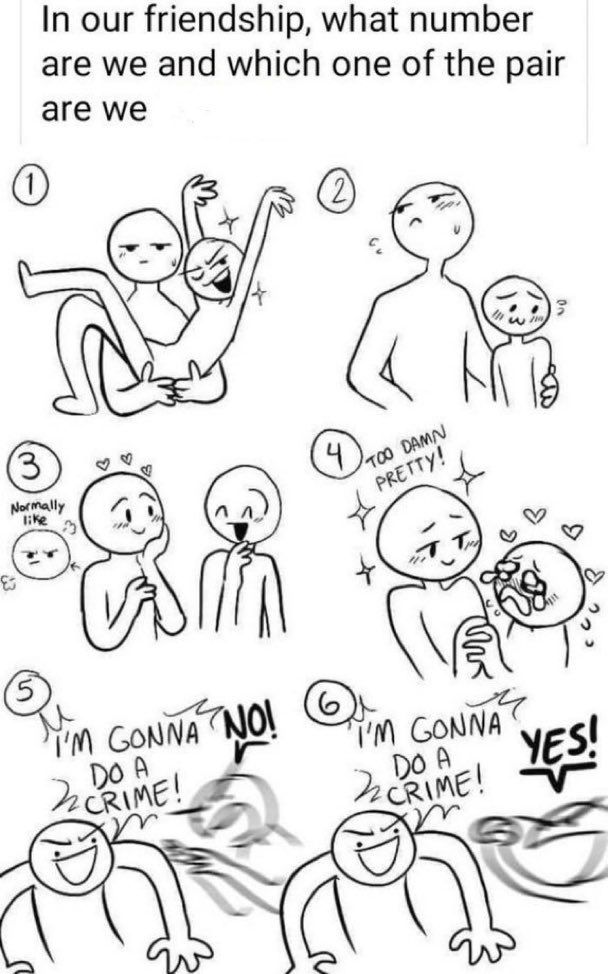 the image is a meme about friendships and relationships. it features six different drawings of pairs of people with different actions and expressions. each pair is numbered, and the text above asks the viewer to determine which number and person in the pair they are based on their friendship. the captions under each pair describe the different dynamics and actions in each relationship, like "too damn pretty" or "i'm gonna do a crime". the meme is meant to be funny and relatable to people who have experienced different types of friendships.