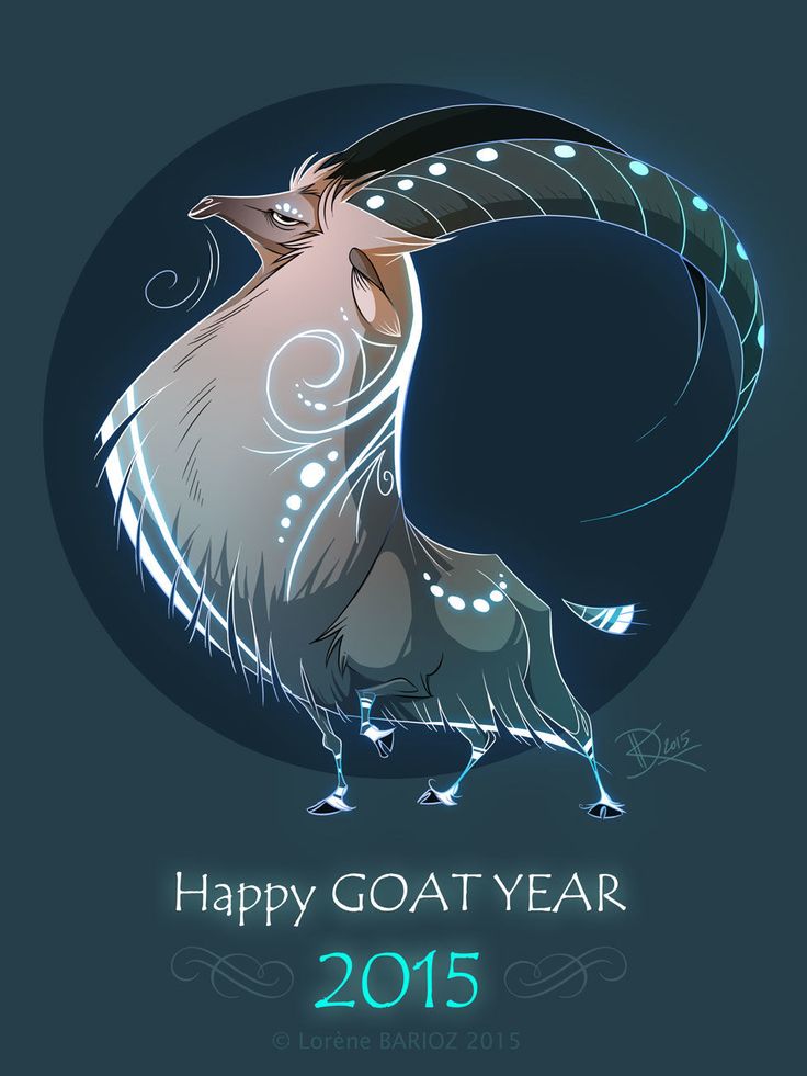 a stylized digital illustration commemorating the 2015 lunar new year of the goat. a fantastical goat creature with large, curved horns adorned with glowing dots and blue highlights stands in the center. its fur is depicted in shades of grey and tan, with glowing white decorative patterns and lines. a dark blue circle provides a backdrop for the goat. below the creature, the words "happy goat year" and "2015" are written in glowing light blue text with decorative flourishes. the artist's name "lorène barioz" and "2015" are in small print at the very bottom of the image. the overall style is artistic and whimsical.