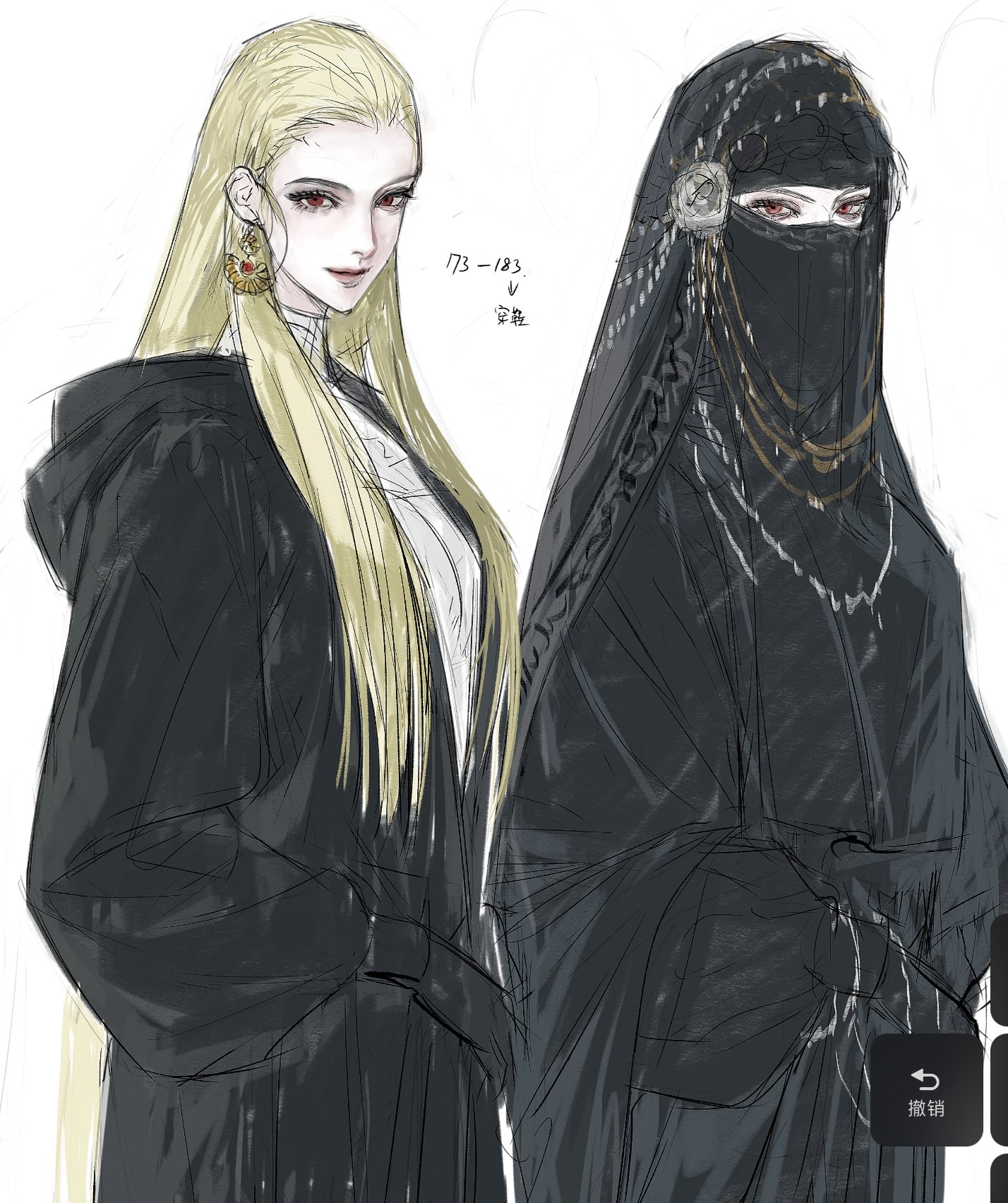 two women are drawn side by side in an anime style. the woman on the left has long blonde hair and is wearing a black dress. the woman on the right has long black hair and is wearing a black veil and dress.  the woman on the left is looking at the viewer while the woman on the right is looking down. they are both sketched in black and white.