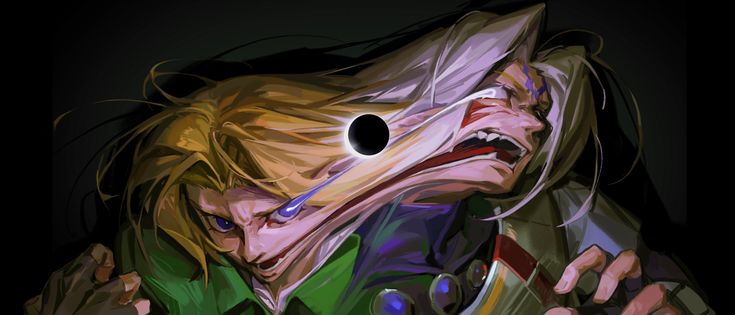 the image is a digital painting or illustration in a style reminiscent of anime or manga, but with a darker, more surreal and grotesque twist.  it depicts two characters whose faces are strangely intertwined and distorted, almost as if they are merging or being pulled apart. their expressions are intense and angry, with sharp teeth and glowing eyes. the color palette is primarily dark with contrasting highlights of purple, green, and gold. a black holelike element is visible between their faces, adding to the unsettling and cosmic horrorlike atmosphere. the style is dynamic and expressive, creating a strong sense of unease and visual interest. the overall impression is one of violence, transformation, and psychological unease.