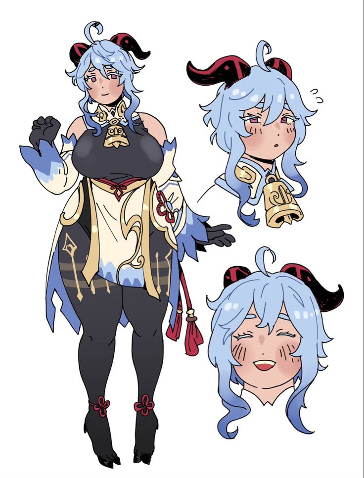the image showcases a character design, likely fanart, featuring an animestyle girl. the character possesses blue hair styled in loose waves and a pair of dark red horns. she is depicted in a primarily  chineseinspired outfit with a mix of light and dark colors. the art features three different poses of the character. one fullbody shot, one closeup of her head with a slightly shy expression, and a third closeup of her face showing a happy expression.  the style of the drawing is expressive and combines elements of chibi and a more detailed illustrative approach. the overall tone is light and cute.