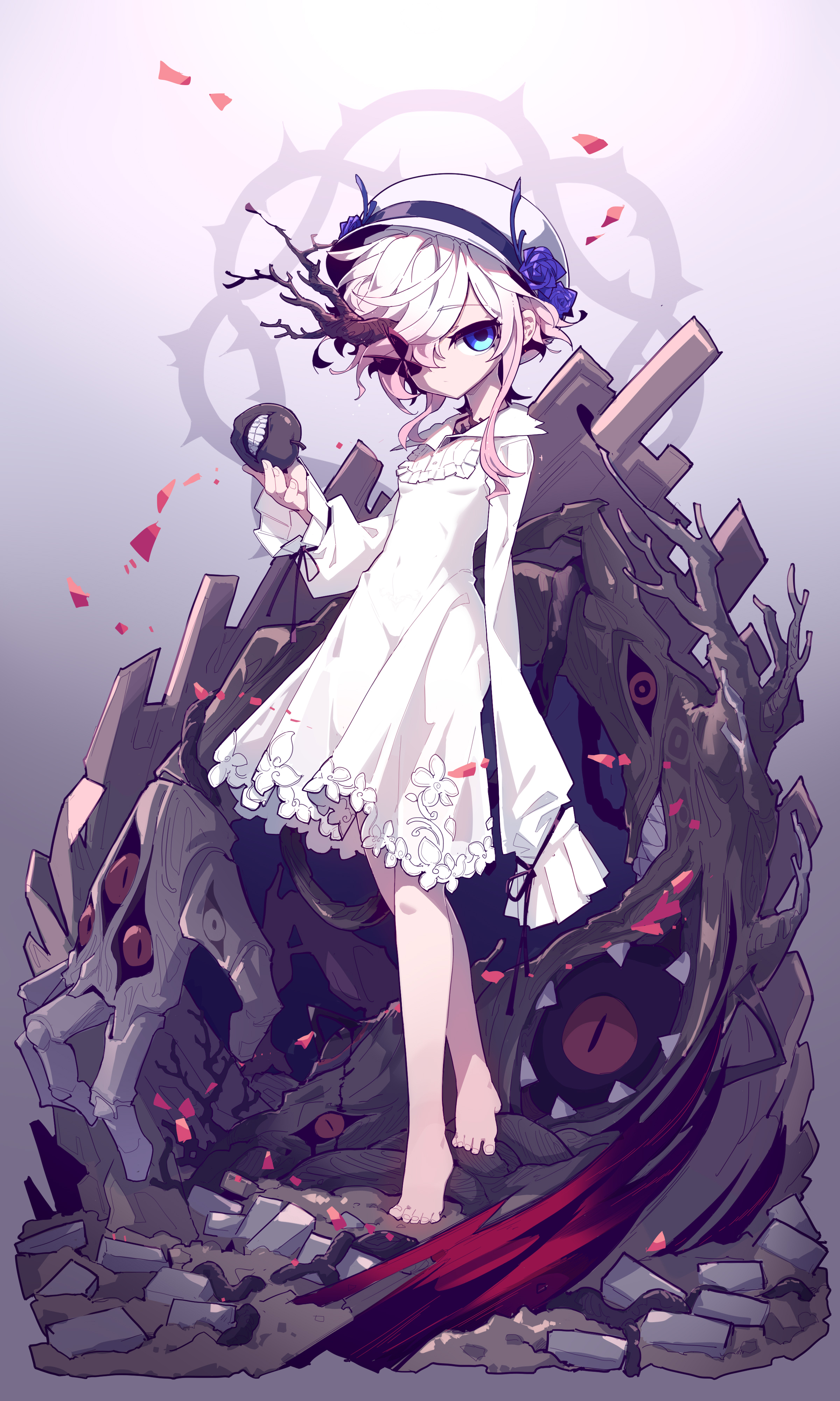 a young anime girl stands barefoot in a white dress with long sleeves. she has pale skin, light pink and white hair with a strand of pink, and a single blue eye. she wears a white hat decorated with a blue rose. in her hand, she holds a dark, round object resembling an apple with a visible eye and mouth. behind her is a monstrous shape made of dark grey and black, featuring multiple red eyes, branches, and what appear to be fragments of broken structures. the scene is set against a light grey background with a faint thorny circle shape. scattered red fragments are around her and the monster, giving the artwork a gothic and fantasy feel.