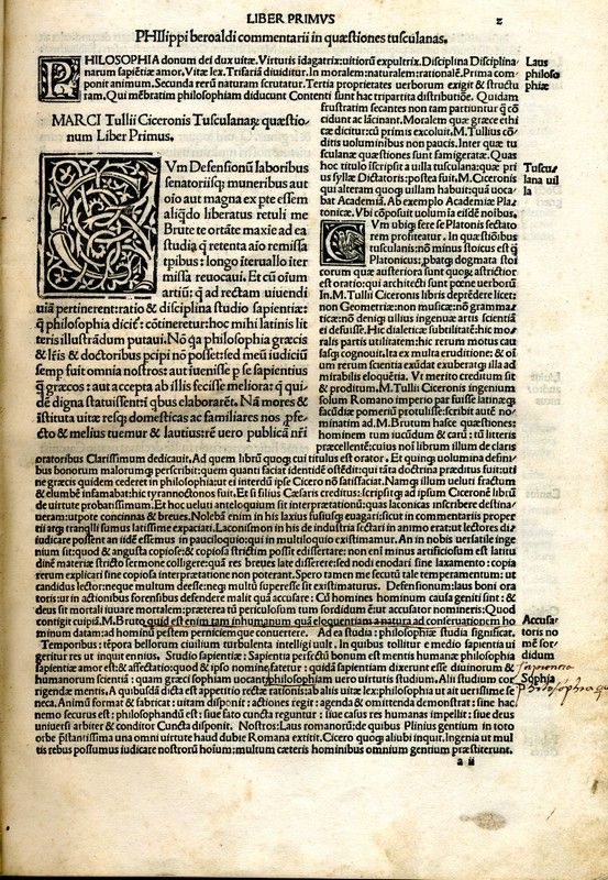 the image is of a page from a 16thcentury printed book.  it contains the first page of phillip beroaldus's commentary on marcus tullius cicero's "tusculan disputations," a work of philosophy. the page is laid out in two columns with the beginning of the text in the left column. the first column is filled with an initial letter (p) with ornate blackletter decorations, and the text is set in blackletter type.  the title and author are highlighted in blackletter. the right column contains the first section of the text, a description of the "tusculan disputations," by beroaldus.   the text is printed in a smaller, more compact typeface.