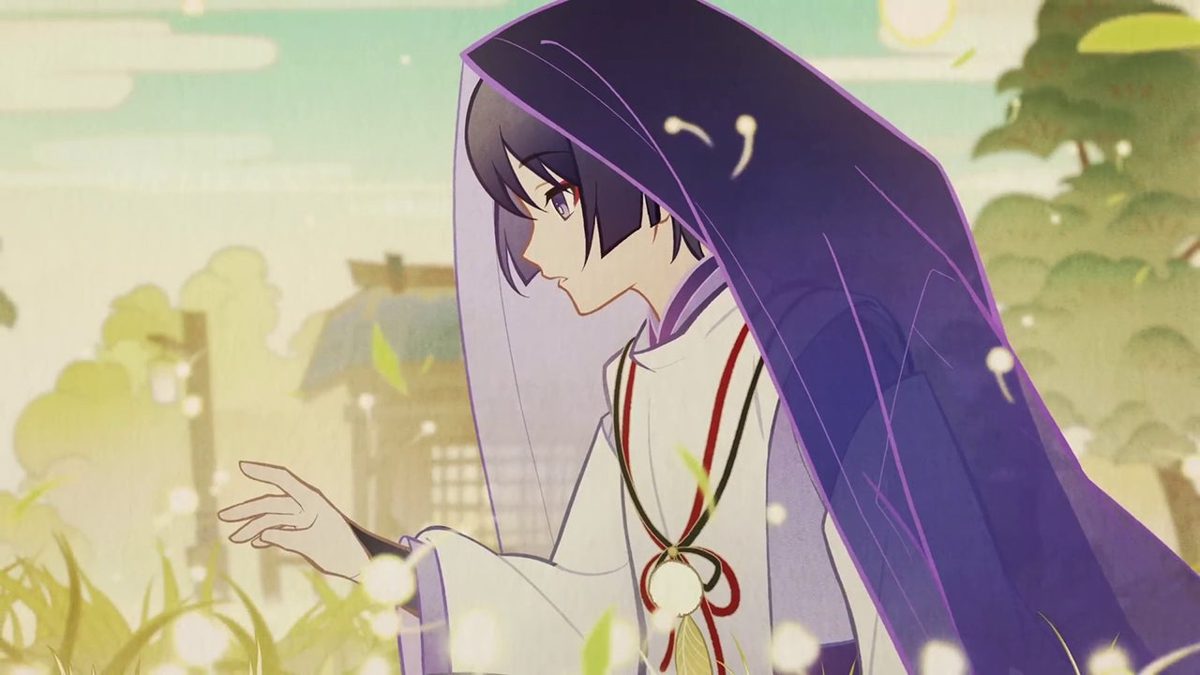 an anime girl with long black hair is wearing a purple cloak and white kimono. she is standing in a grassy field with white flowers. she is looking down at the ground. the sky is yellow.