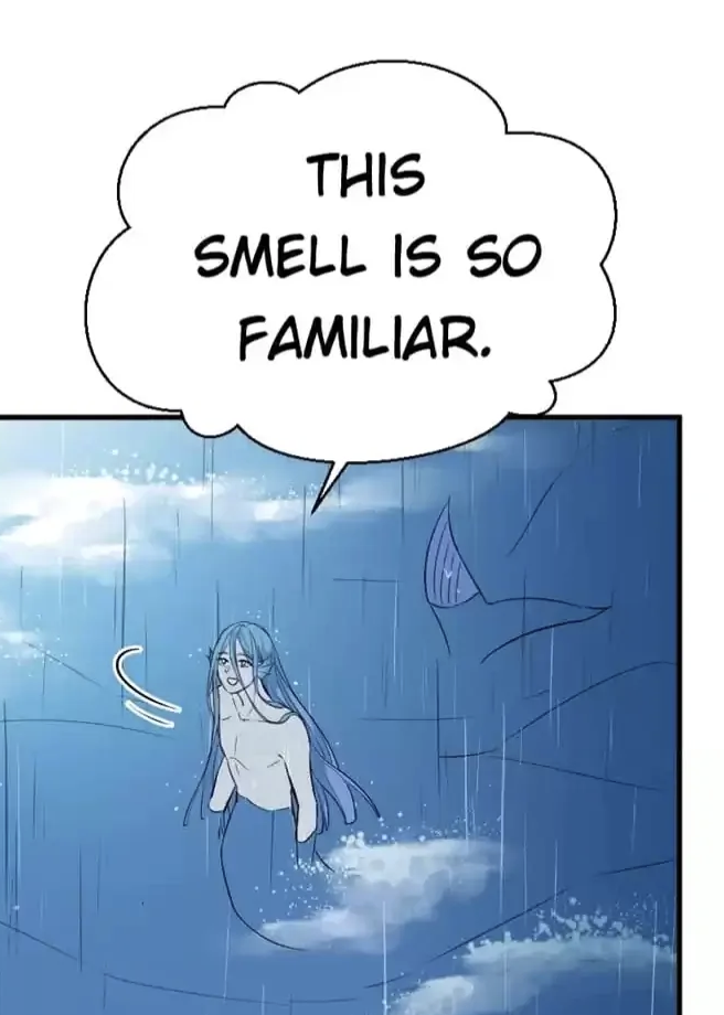 he image is a panel from a manhwa (korean comic). it depicts a male mermaid with long light blue hair, partially submerged in turquoise water.  a thought bubble above him contains the text, "this smell is so familiar."  part of a larger aquatic creature or structure is visible behind him. the overall style is soft and ethereal, with a focus on blue hues.