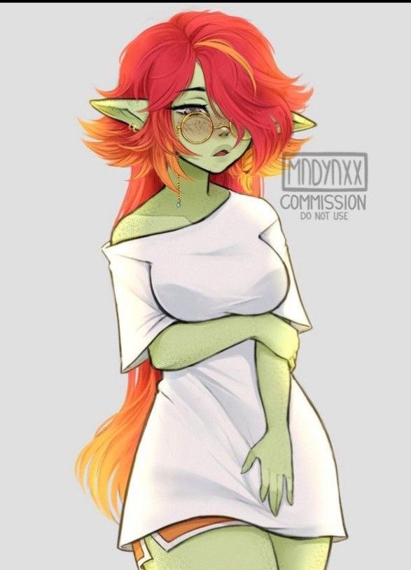 this is an illustration of a green skinned female elf with red hair and freckles. she is wearing a white shirt and shorts. she has sad looking eyes and is holding her arms close to her body.