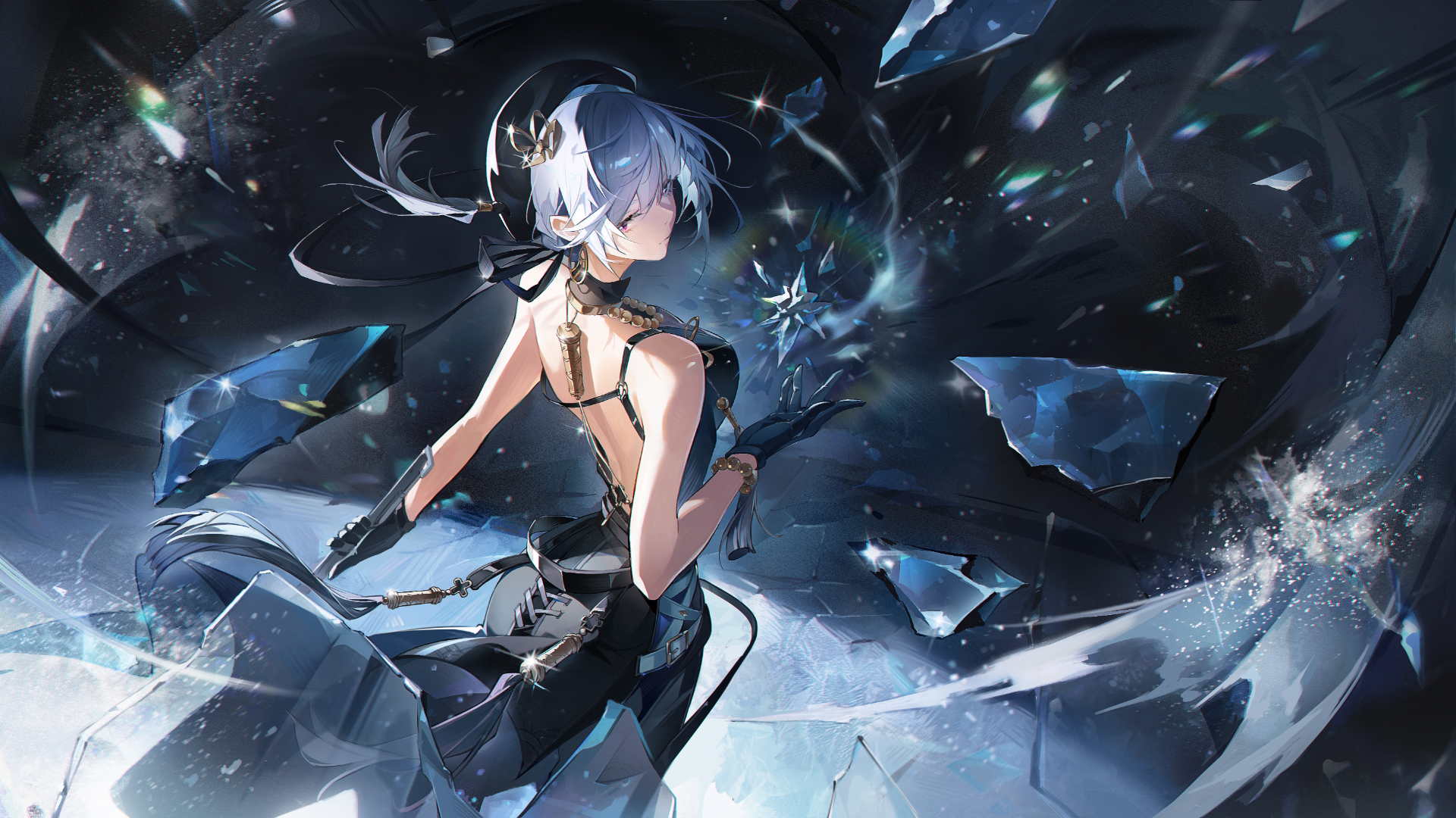 the image is a digital painting or illustration of an animestyle female character. she has long, flowing silver and blue hair, styled in a ponytail with bangs, and is wearing a backless black dress adorned with gold jewelry.  she's holding what appears to be a crystal shard or magical object. she is surrounded by shattered pieces of blue crystal or glass, giving the scene a dynamic and slightly mystical atmosphere. the artwork displays exceptional detail in her clothing, hair, and the magical effects around her. the overall style is dark and elegant, with splashes of light highlighting the character and her surroundings.