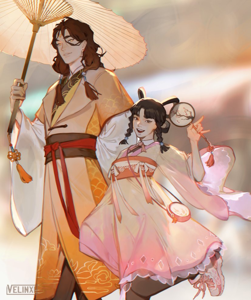 the image shows a digital illustration of a man and a woman in traditional asian clothing. the man is tall and slender, with long brown hair and golden eyes. he is wearing a long yellow robe with a red sash and carrying a white umbrella. the woman is shorter and rounder, with black hair styled in pigtails. she is wearing a short, pink and white dress and carrying a small drum. both are smiling.