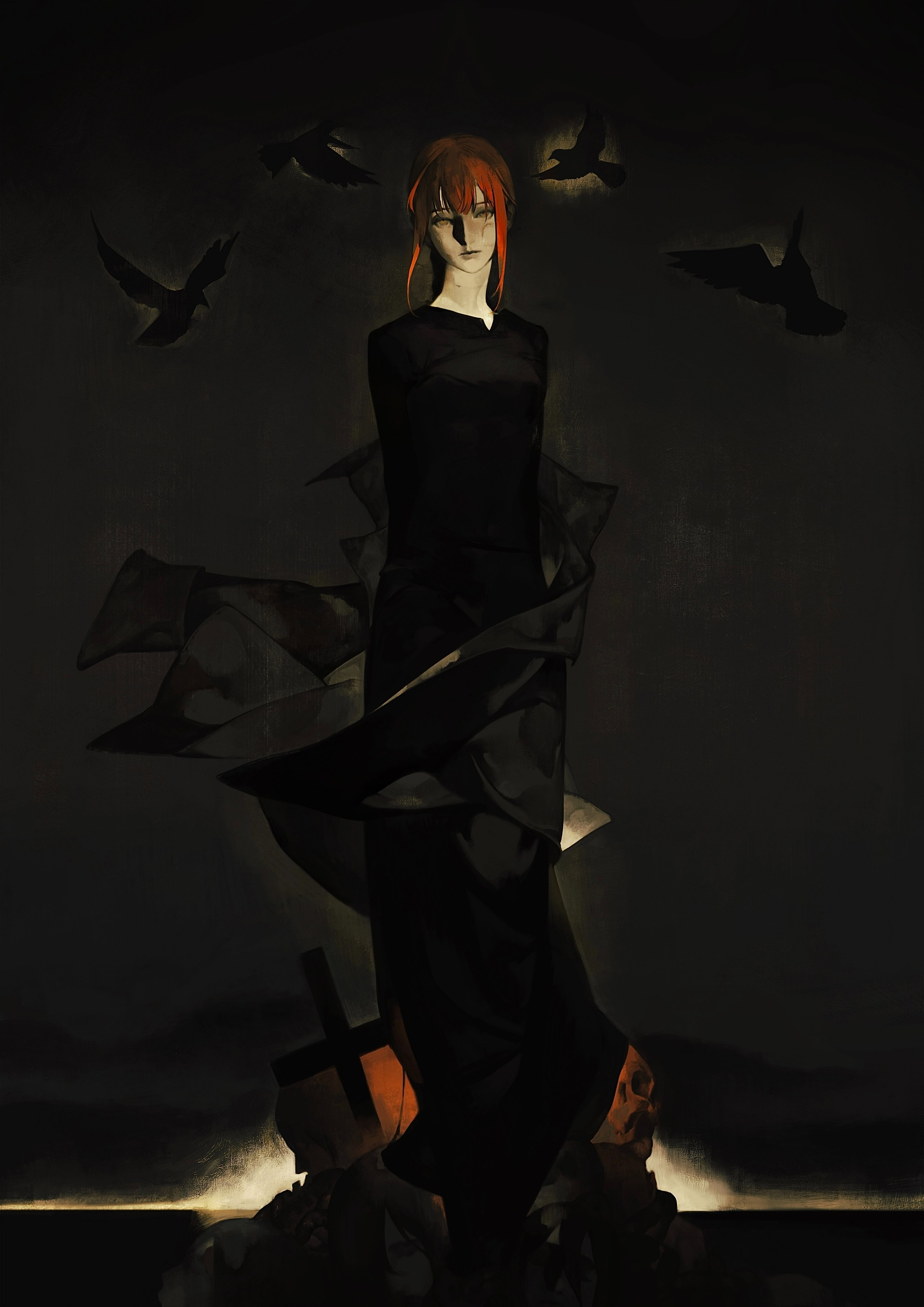 a woman with long red hair stands in a dark, almost black, environment.  she wears a black dress and has a long black coat that seems to flow and move with her.  there are four crows flying around her.  the woman is in a graveyard.  she is standing next to a cross, with a dark background.  the woman's face is obscured by the darkness.