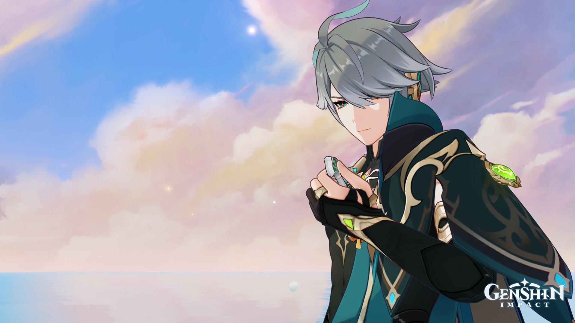 albedo from genshin impact is standing in front of a cloudy sky with a blue ocean in the background. he is looking to the right side, and holding a small object in his hand. albedo is wearing his signature outfit, which is black, green, and gold.