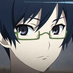 this is a closeup illustration of a young man with short, dark blue hair and greenframed glasses. he has dark eyes and a neutral expression. the art style suggests anime or manga.