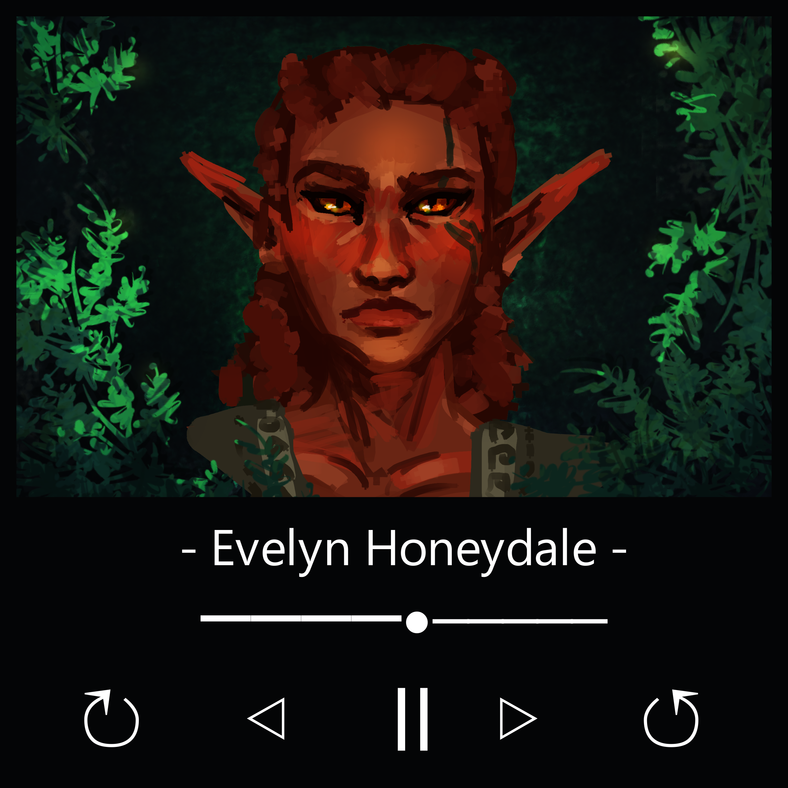 the image shows a digital art portrait of an elf, displayed as the cover art on a music player. the elf has reddishbrown hair and golden eyes. she is set against a backdrop of green foliage. the music player interface is visible at the bottom, displaying the song title "evelyn honeydale" and playback controls.