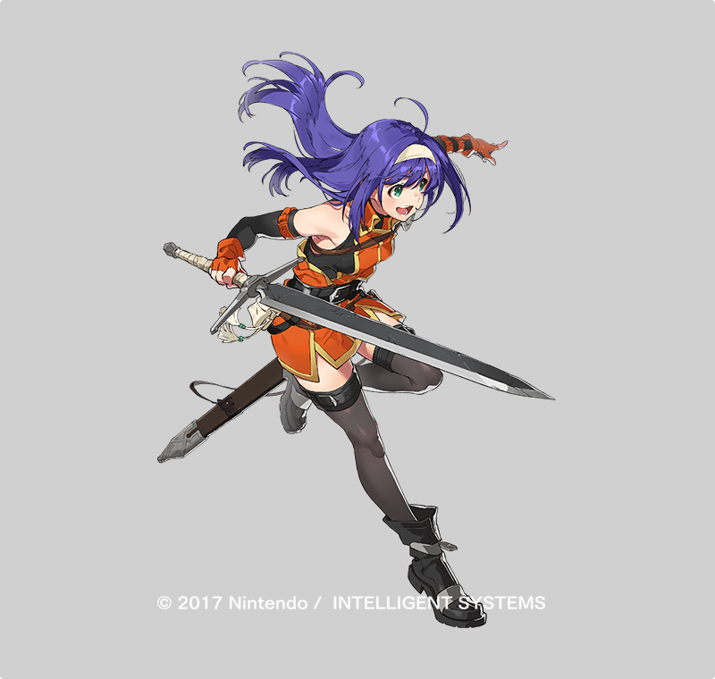 the image is a digital illustration of a female character with long blue hair and green eyes. she is wearing an orange and black sleeveless shirt, black shorts, and black boots. she is holding a large sword in her right hand and is in a running pose. the background is a light grey color.