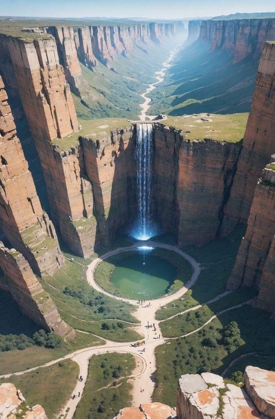 the image shows a large canyon with a waterfall pouring into a circular lake. the surrounding cliffs are tall and have layers of earth. a valley extends into the distance with a river flowing through it. there are roads and paths around the lake and leading away from it. some people are visible walking on the paths. there is grass and vegetation on the canyon floor and the surrounding area. the waterfall is vertically oriented, falling into a round reservoir.