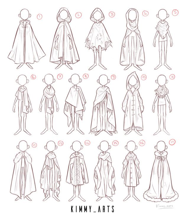the image shows eighteen different sketches of cloaks, capes, and shawls on stylized figures. each piece of clothing has a distinct design, ranging from long, flowing capes to shorter, more practical ponchos. the figures are all drawn in a simple, cartoonish style, and the overall aesthetic is reminiscent of fantasy or medieval clothing.