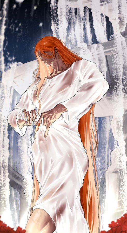 this animestyle illustration portrays a young man with long, flowing red hair. he is clad in a white, wet dress that clings to his body, suggesting he has just emerged from water. he stands in front of a blurred background, possibly a fountain, with water droplets falling around him. his expression is pensive, looking down with a serious demeanor. the image has an overall melancholic and atmospheric feel, evoking a sense of introspection and quietude.