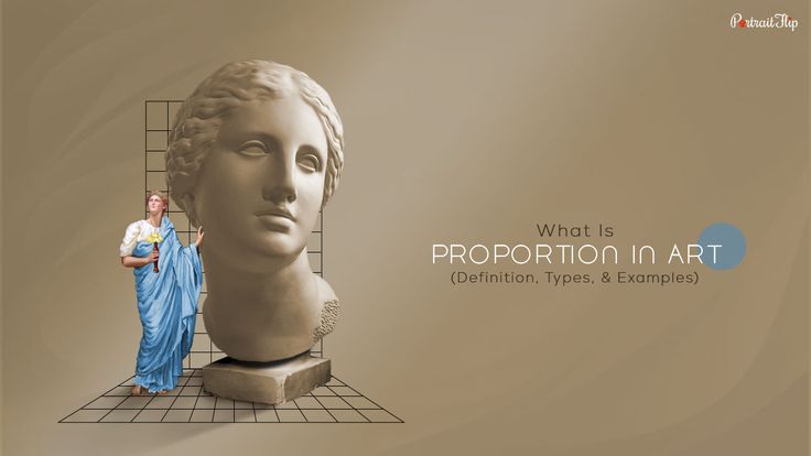 an illustration about proportion in art.  the illustration shows a  woman sculpture with a woman standing next to it. there is also a text that says "what is proportion in art (definition, types, & examples).