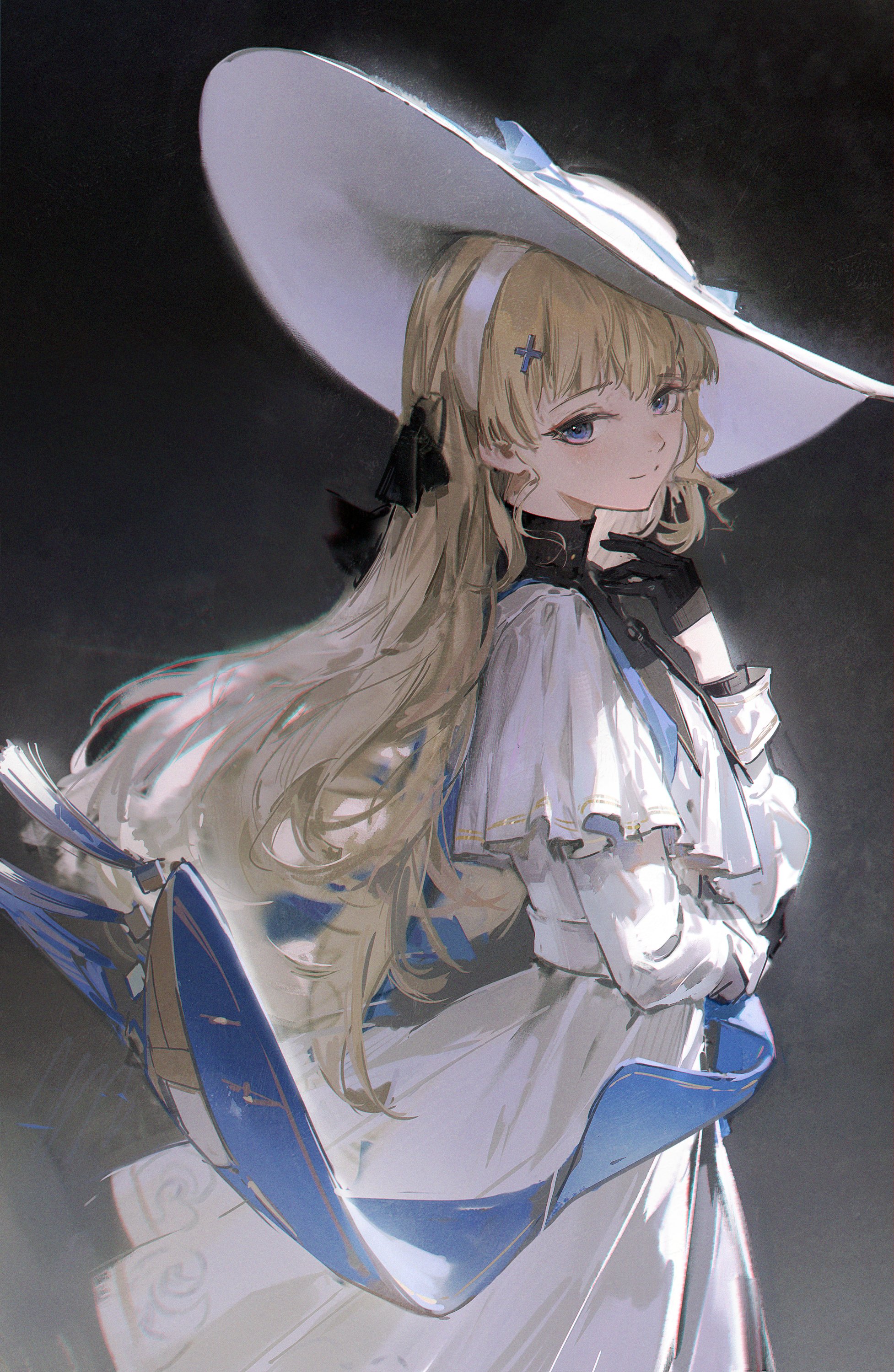 an animestyle illustration of a fairskinned woman with blonde hair, wearing a widebrimmed white hat with a blue ribbon, a white dress with a blue accent, and black gloves. she is looking towards the viewer with a slight smile. a black bow is attached to her hair. the background is a gradient of dark gray to black.