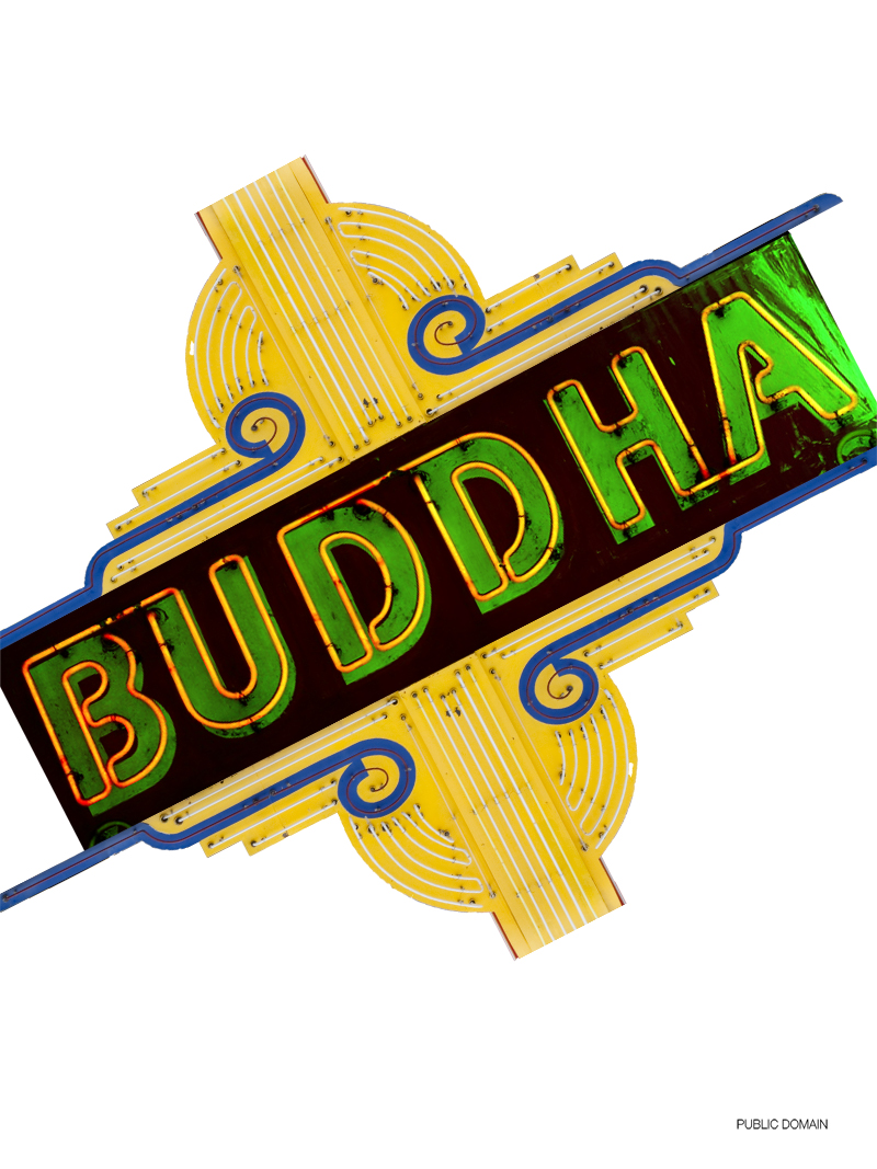 a vintage neon sign that reads "buddha" in a vibrant green against a dark background. the sign features art decoinspired design elements in yellow and blue. the background is white, suggesting the sign is isolated.