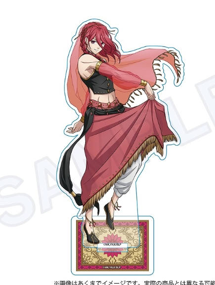 an anime character in an acrylic stand is wearing a belly dance costume. the male character has red hair and is wearing earrings and a bracelet. he is also wearing a black vest, a red skirt, and a red head covering. he is posing as a belly dancer and showing his bare midriff.