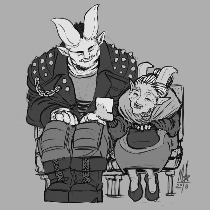 a monochrome drawing features two fantasy creatures, possibly orcs, seated sidebyside on a bench. the larger creature on the left wears a studded leather jacket with a chain and large boots, while the smaller one to the right wears a headscarf, dress, and heels. both are smiling and appear happy. the larger one holds a cup or mug.