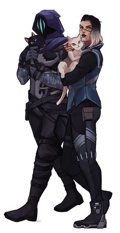 two characters are posing for the picture while holding a cat each. the character to the left is wearing a dark blue bodysuit with glowing blue accents and a dark blue hood that obscures their face. they are holding a black cat with glowing green eyes. the character on the right has short, graying hair and is wearing a light blue jacket over a black top. they are wearing gray pants with black accents and black and white shoes. they are wearing glasses and holding a white cat.