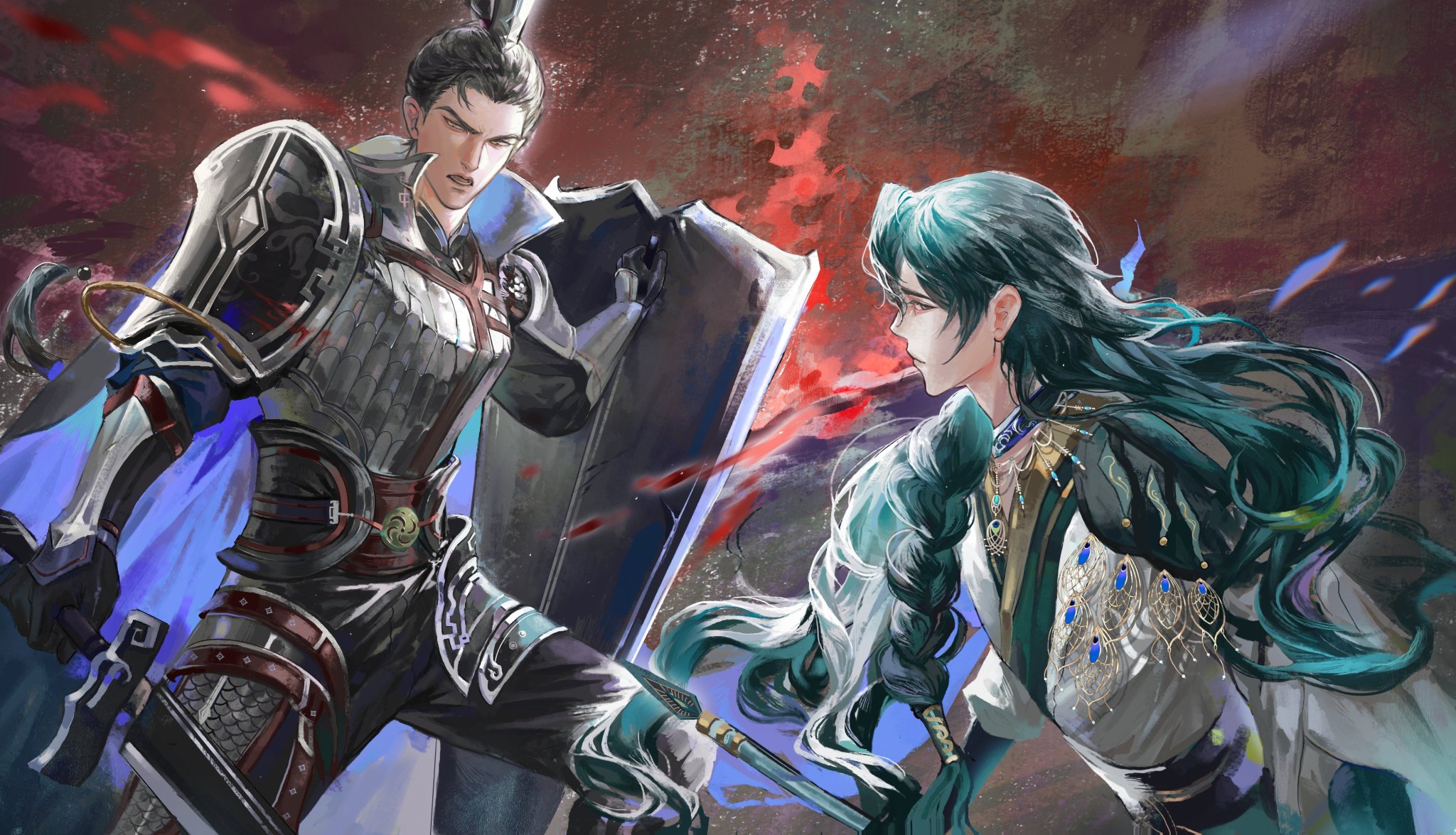 this is a digital painting of a male and female character, both dressed in elaborate costumes. the male character is in the foreground, wearing shining armor and wielding a sword and shield, while the female character in the background has long teal hair and a flowing white outfit. they are positioned as if in a fight, but the art style is whimsical and more artistic, rather than depicting violence. the background is a blurred mixture of red, green, and blue tones, suggesting a fantastical setting.