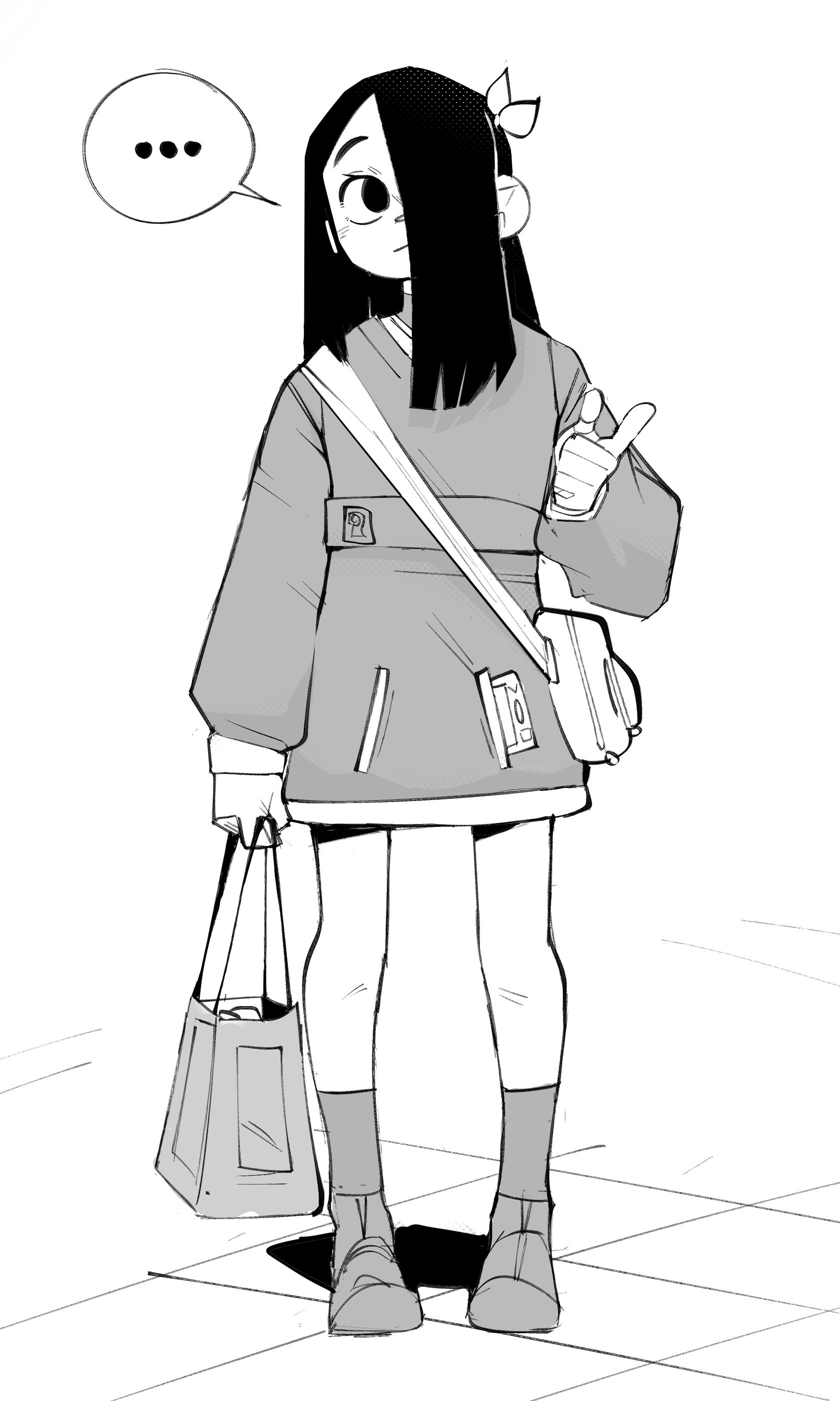 a black and white drawing of an anime girl with black hair and black eyes. she is wearing a jacket, a bag and shoes. she is walking on the sidewalk and looks at the left with a surprised look.  the girl is standing in a relaxed casual pose.  the background is a white space.