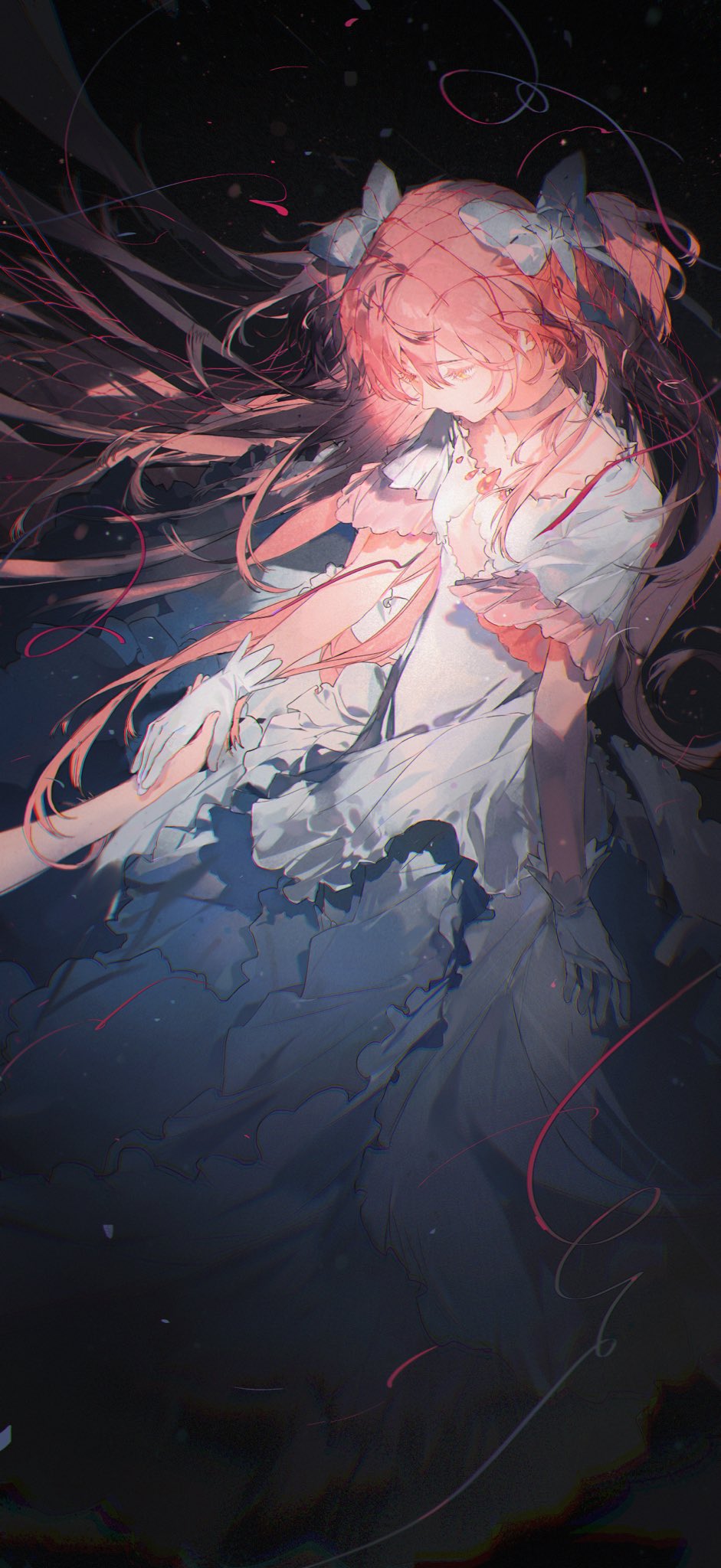 the image is a digital illustration of an anime girl with pink hair and a white dress, she is floating in the air with a sad expression on her face. her dress is flowing behind her and she is surrounded by a black background with pink and blue streaks of light. the overall tone of the image is dreamlike and ethereal.