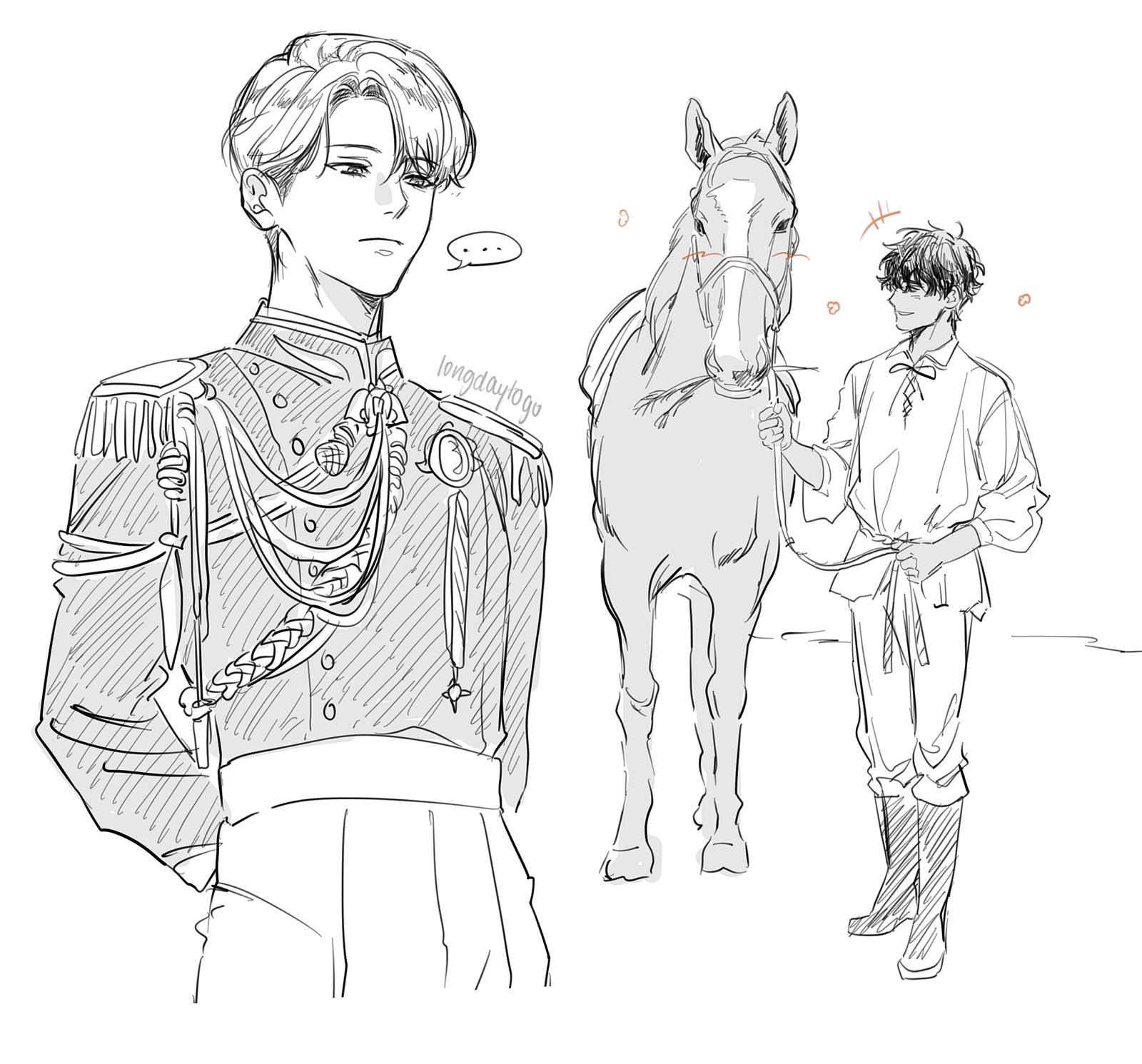 the image is a handdrawn sketch in black and white, likely fanart. it features three subjects: a man in a detailed militarystyle uniform (possibly an officer) with long hair standing slightly to the left; a darkhaired man in casual, historicallooking clothing holding the reins of a horse to his right; and a horse standing calmly between the two men. the style is reminiscent of anime or manga, with softer lines and expressive eyes. the background is minimal, allowing the figures to be the focus. the officer's pose suggests pensiveness, whereas the man with the horse looks more relaxed. the overall mood is peaceful, with a slight sense of story or narrative implied by the characters' interactions and expressions. the artist's signature or watermark is visible on the uniform.