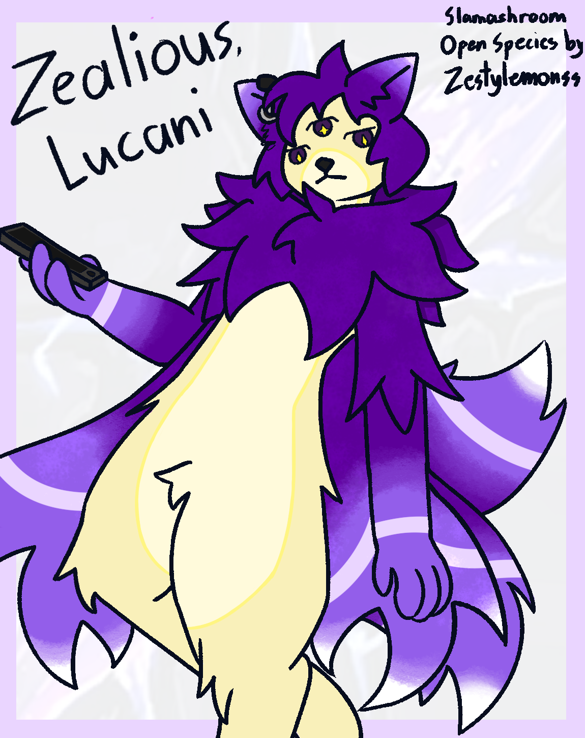 this is a cartoon image of a furry anthropomorphic wolf character.  the character is depicted as a female and is dressed in a purple and white outfit with a long, fluffy tail. she's holding a cell phone in her hand and has an expression of joy and excitement. the background of the image is a light purple and white, with some white lines.
