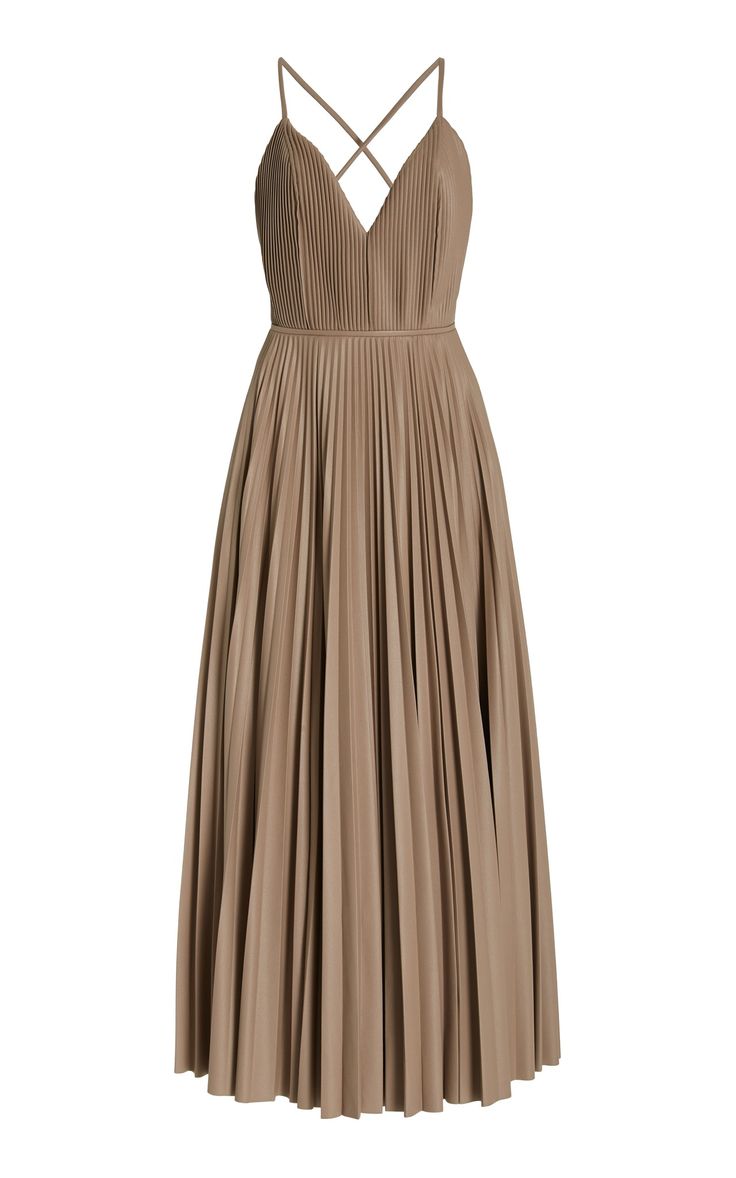 a brown sleeveless midi dress with a pleated skirt and a vneckline. the dress is perfect for a formal event or a night out.
