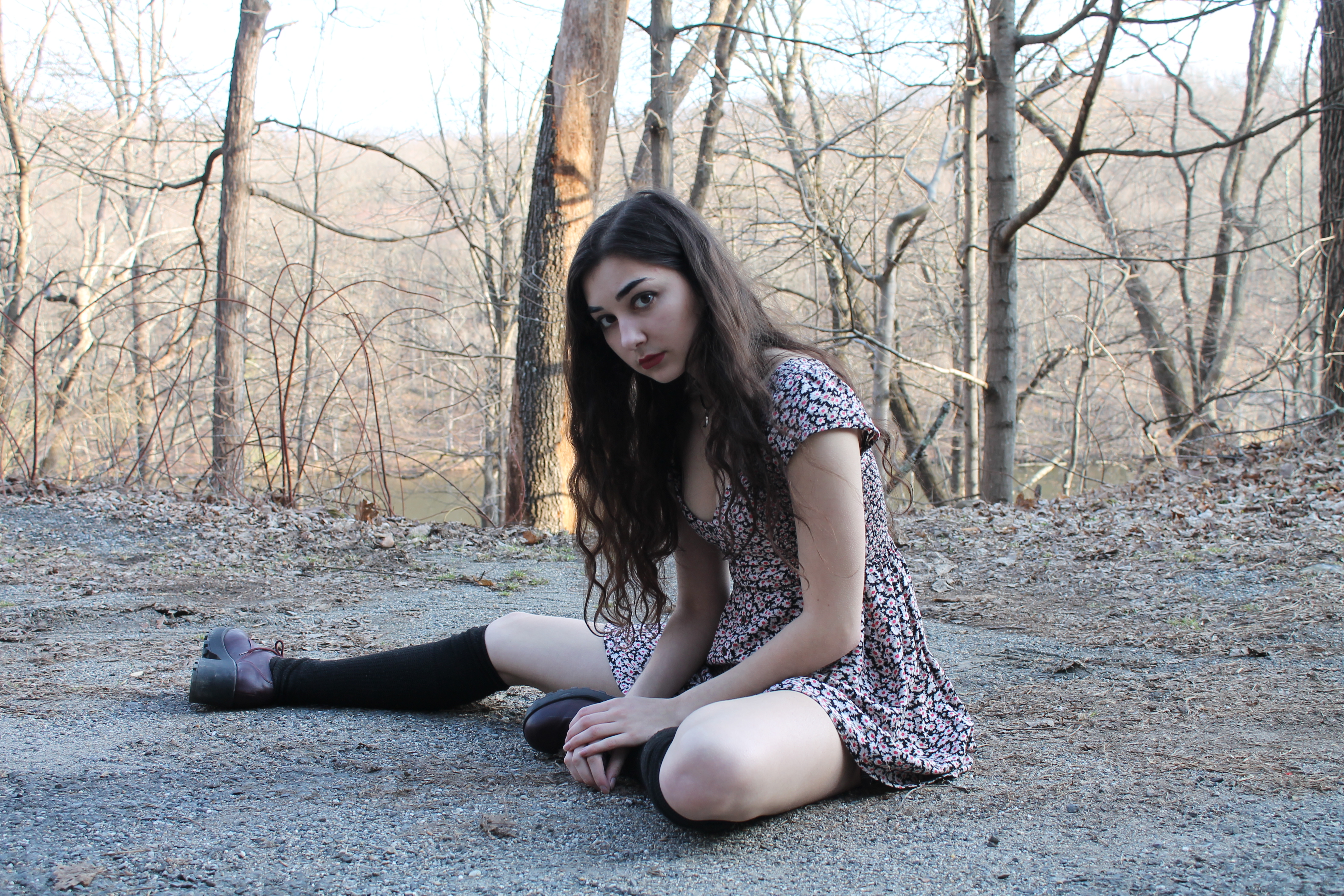 a young woman with long dark hair sits on the ground in a forest. she is wearing a floral dress, kneehigh socks, and dark platform shoes. she has a serious expression on her face and is looking at the camera. the background is a blurry scene of bare trees and a forest path.  the overall mood is somewhat melancholic and pensive.