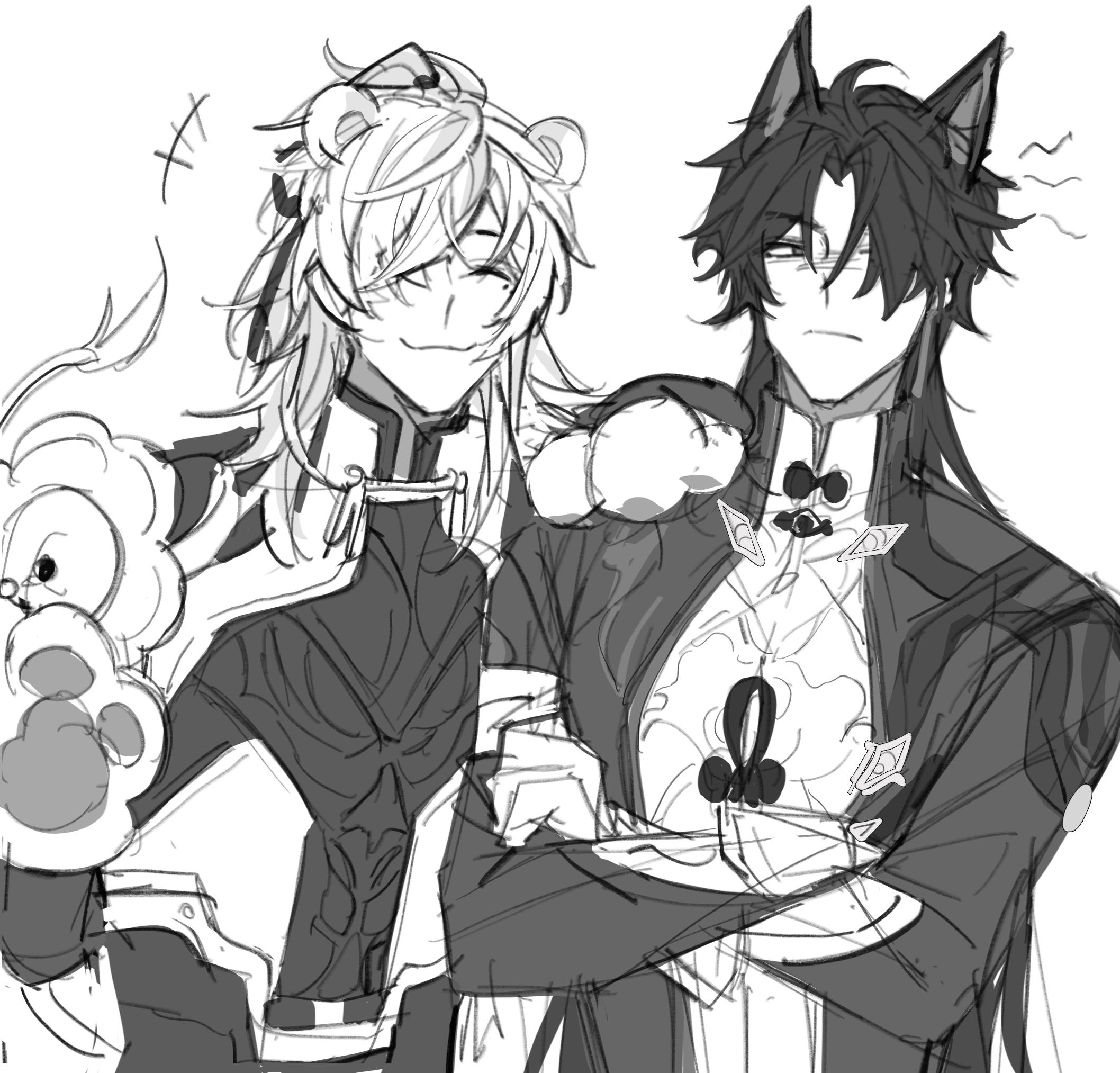 he image is a black and white sketch or drawing, possibly fanart, depicting two animestyle male characters. one character has long, white hair with bearlike ear ornaments and is wearing a dark, ornate chinesestyle outfit. the other character has long, dark hair with catlike ears and is also dressed in a similar traditional chinese garment.  they are positioned close together, interacting in a seemingly friendly or playful manner. the style is loose and sketchy, with visible lines and shading indicating a work in progress. a small, fluffy creature or object is partially visible to the left.  the overall mood is lighthearted and charming.