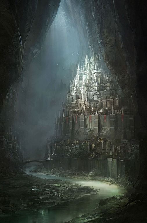 the image shows a large, imposing castle city built within a vast cave system. the castle is made of stone and features numerous towers and buildings that ascend upwards, illuminated by a beam of light from the cave's opening. a river flows through the cave and under a stone bridge, adding depth and atmosphere to the scene. the overall impression is one of fantasy and medieval architecture.